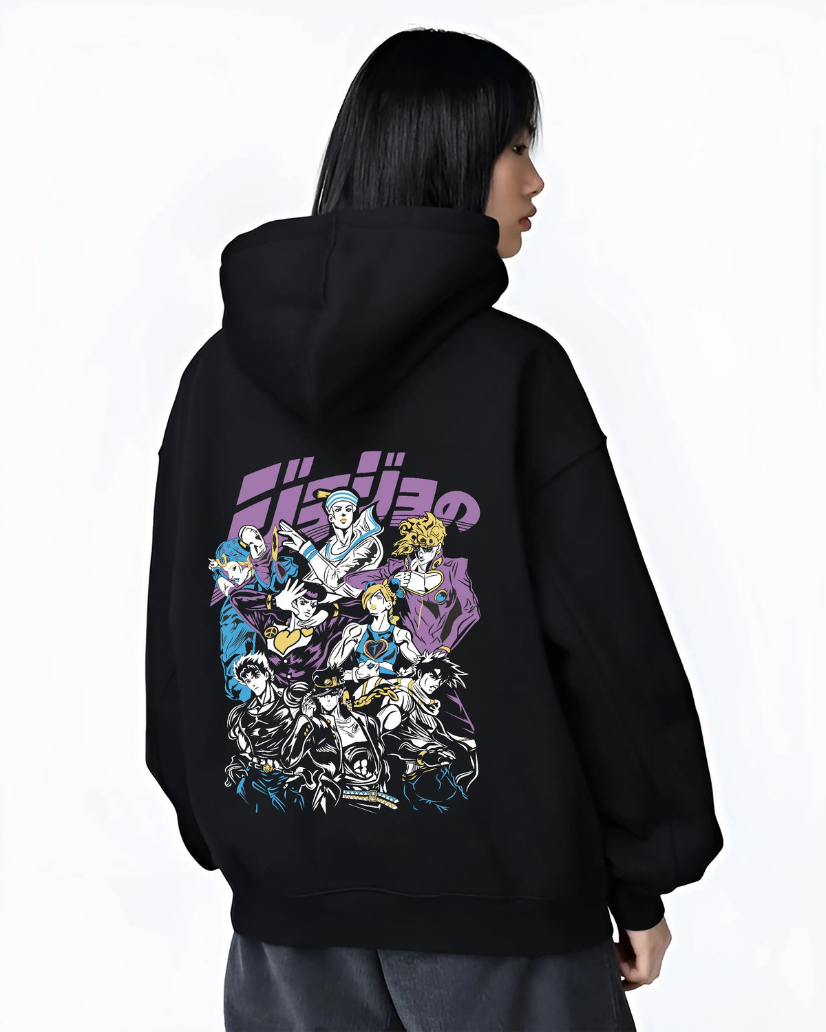 Black hoodie female model back view with Jotaro Kujo with Star Platinum and ensemble from JoJo’s Bizarre Adventure