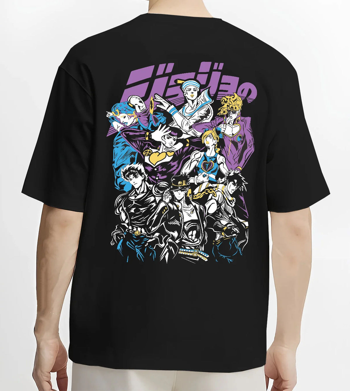 Black T-shirt model back view with Jotaro Kujo with Star Platinum and ensemble from JoJo’s Bizarre Adventure illustrated