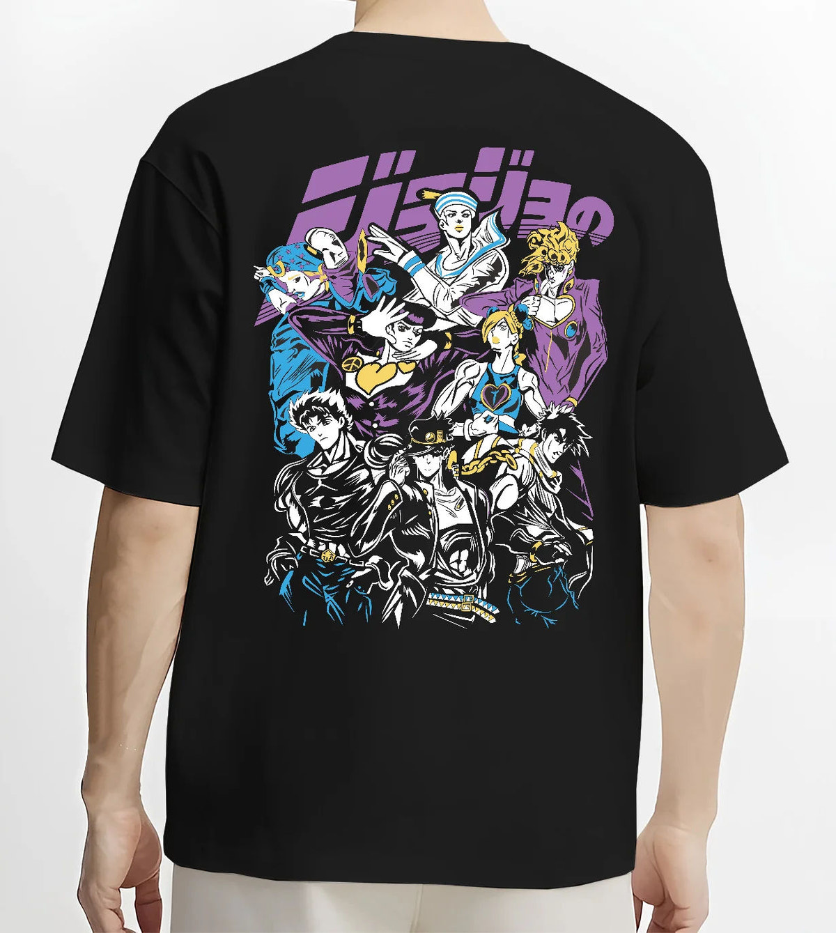 Black T-shirt model back view with Jotaro Kujo with Star Platinum and ensemble from JoJo’s Bizarre Adventure illustrated