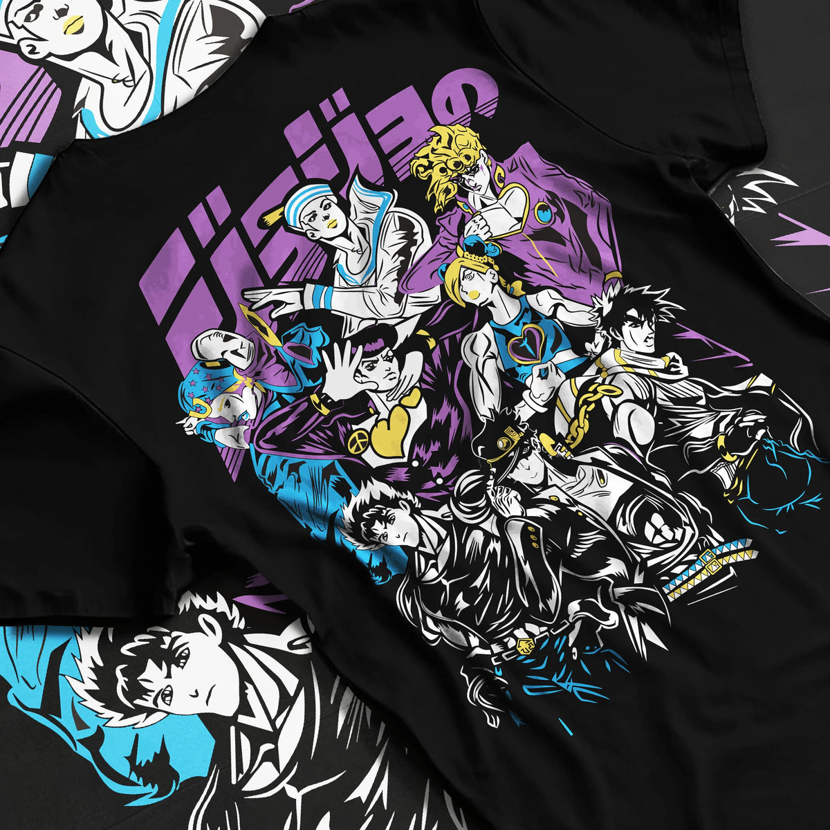 Black T-shirt flat back view with Jotaro Kujo with Star Platinum and ensemble from JoJo’s Bizarre Adventure illustrated