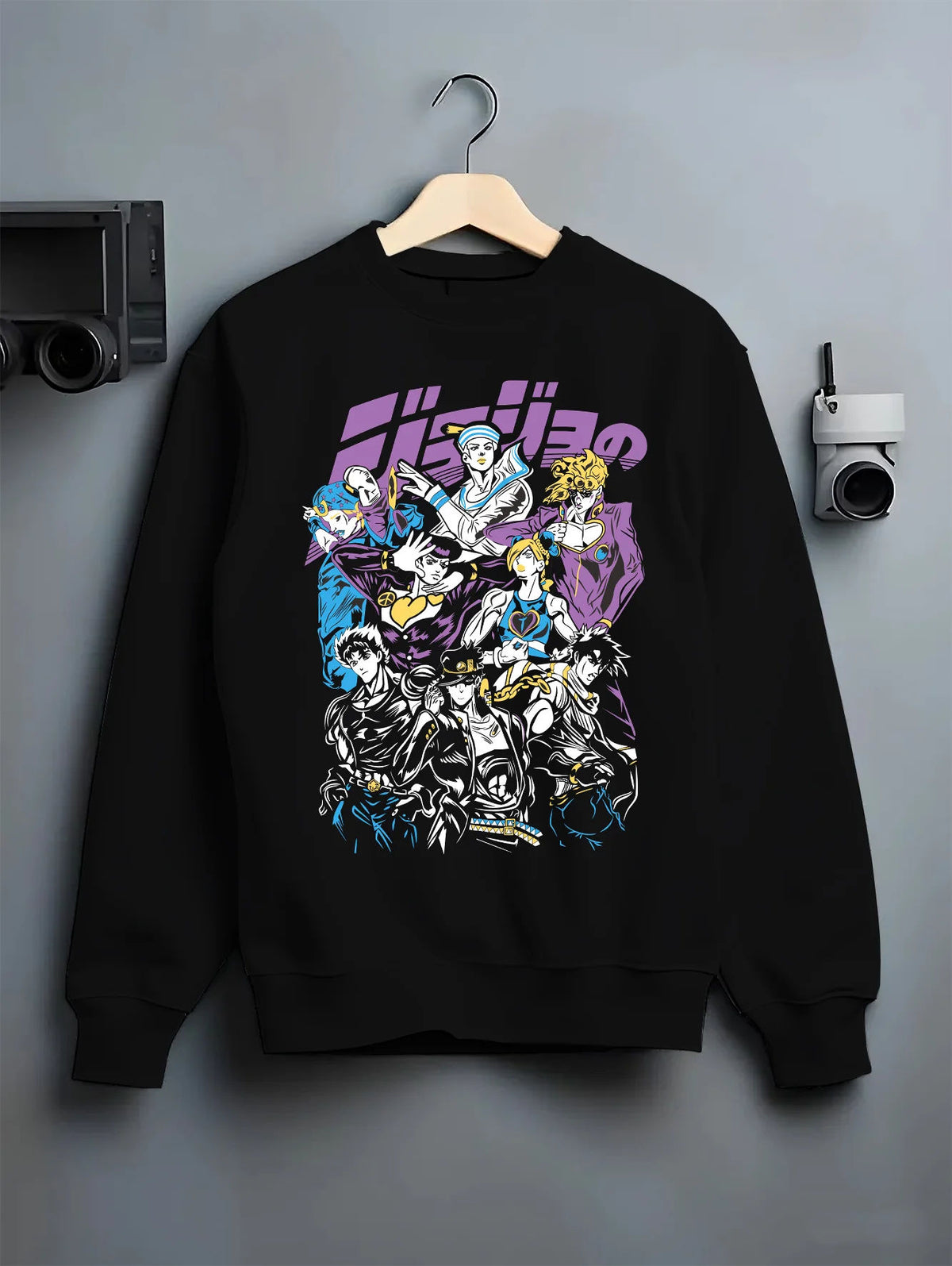Black crewneck sweatshirt on hanger with Jotaro Kujo with Star Platinum and ensemble from JoJo’s Bizarre Adventure