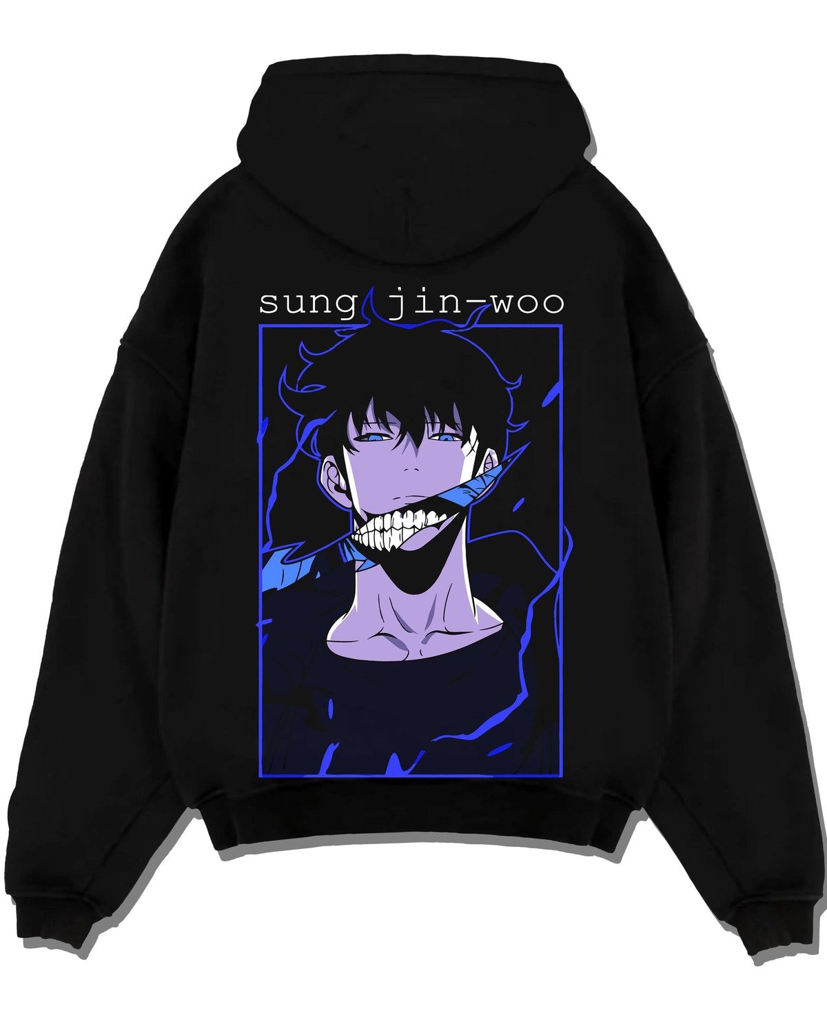 Black hoodie laid flat featuring Sung Jin-Woo blue aura Shadow Monarch artwork.