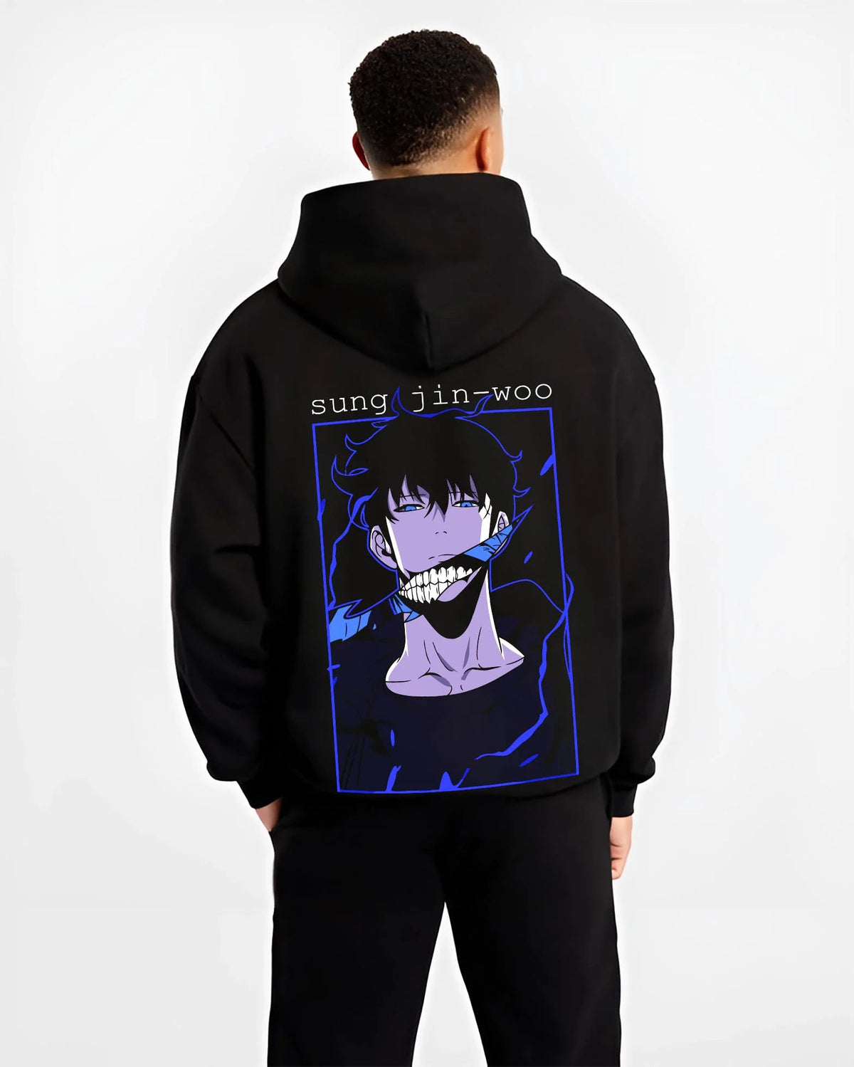 Black hoodie worn by male model from the back featuring Sung Jin-Woo blue aura Shadow Monarch artwork.