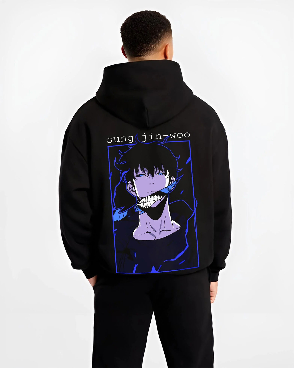 Black hoodie worn by male model from the back featuring Sung Jin-Woo blue aura Shadow Monarch artwork.