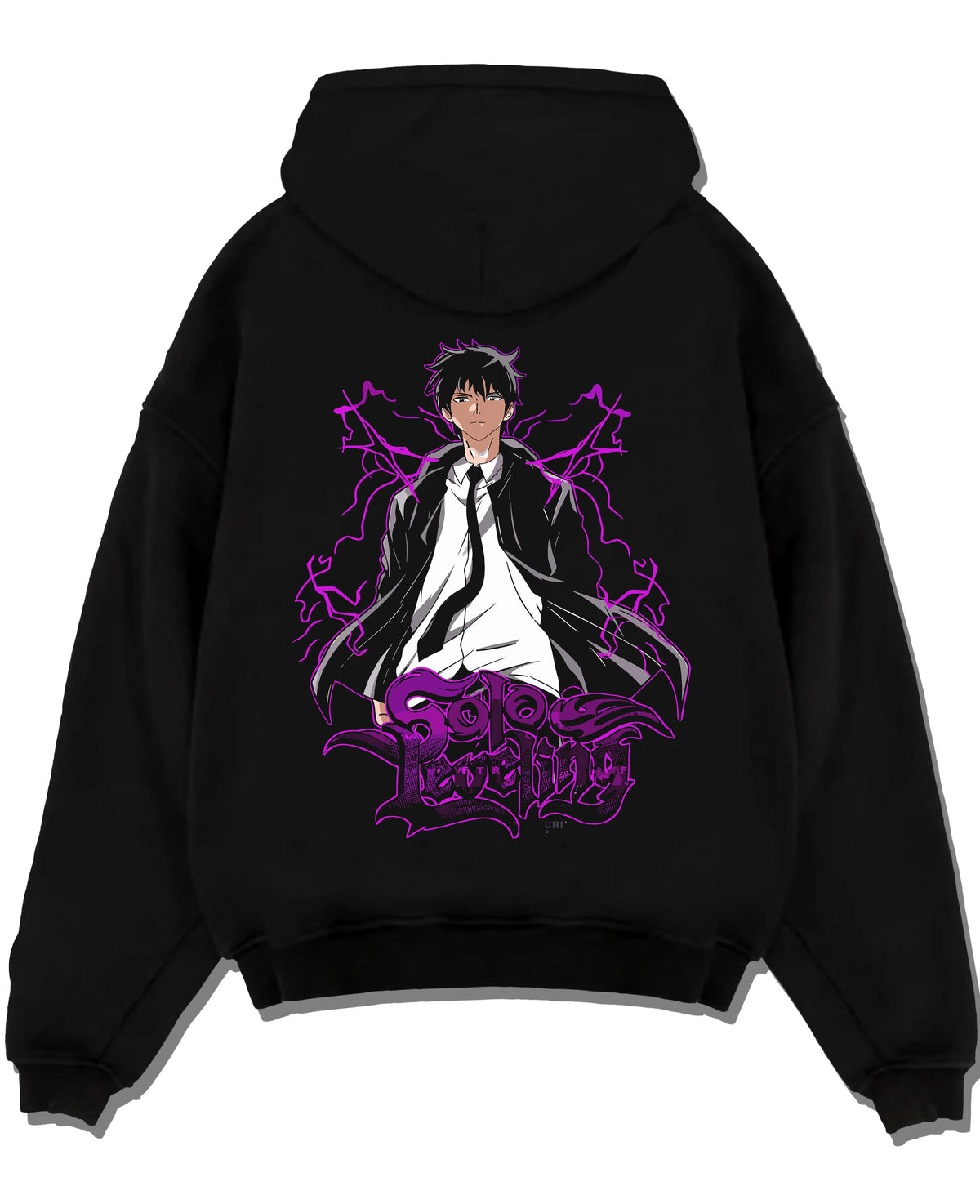 Black hoodie laid flat featuring Sung Jin-Woo purple Shadow Monarch artwork.