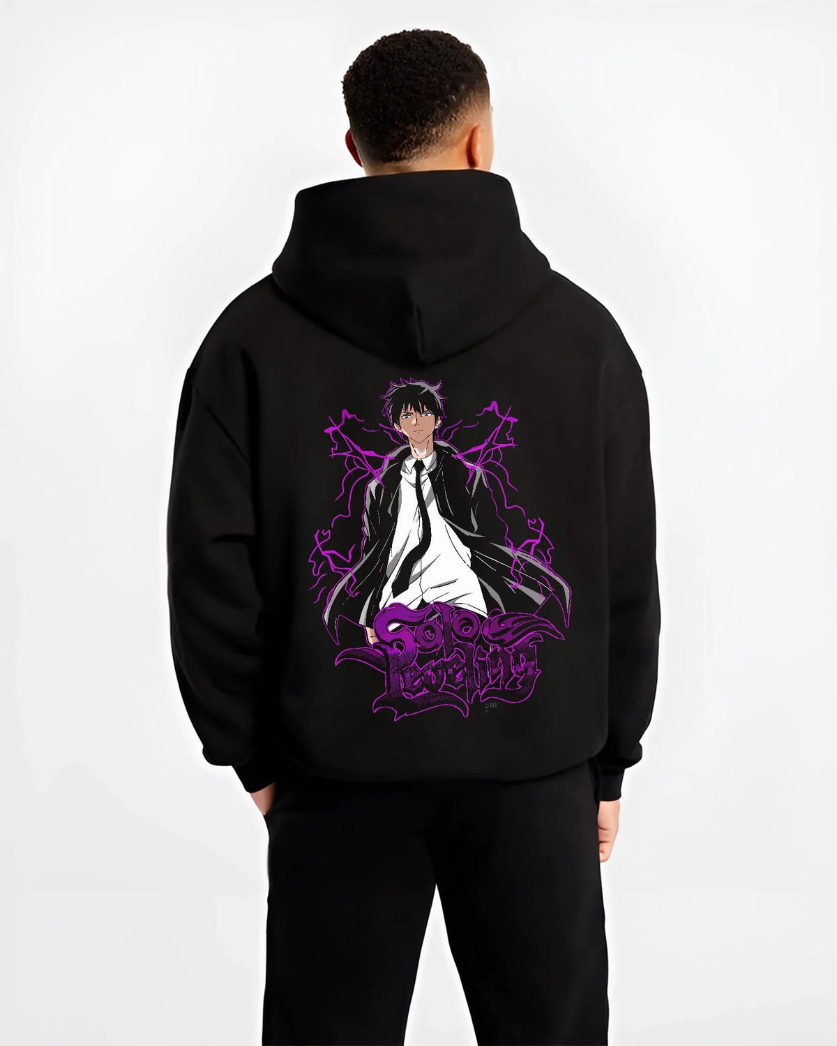 Black hoodie worn by male model from the back featuring Sung Jin-Woo purple Shadow Monarch artwork.