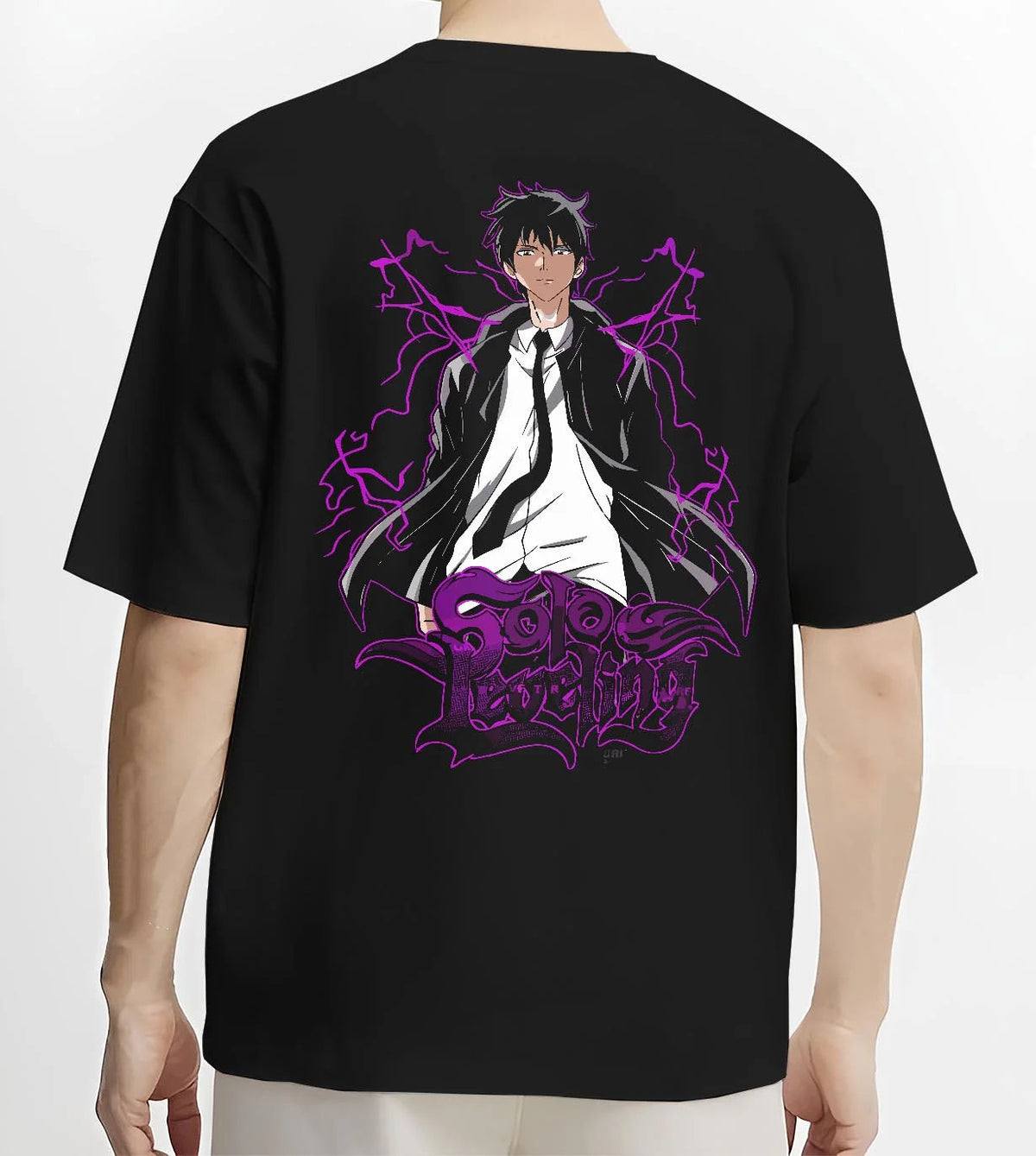 Black T-shirt worn by male model from the back featuring Sung Jin-Woo purple Shadow Monarch artwork.