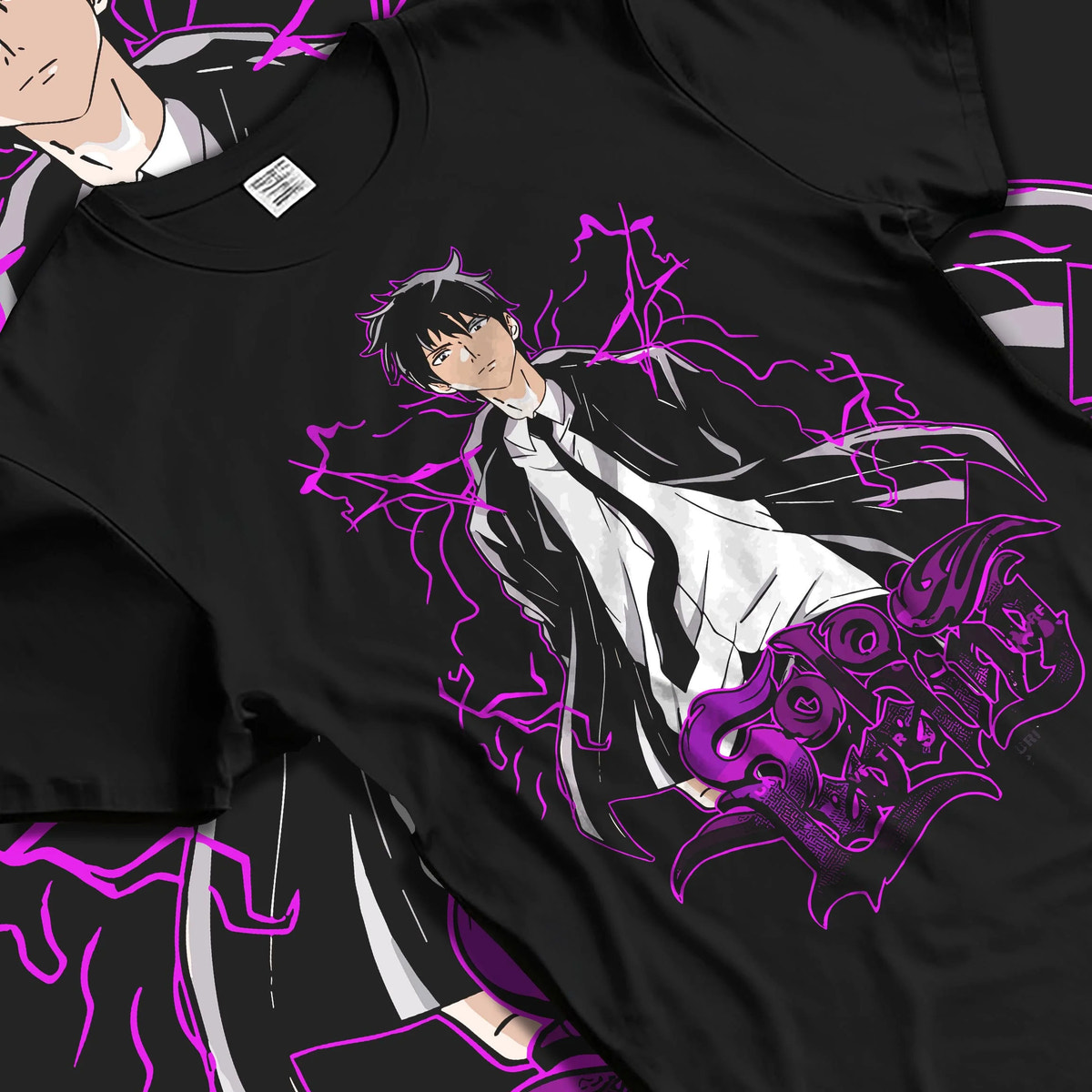 Black T-shirt laid flat with natural folds featuring Sung Jin-Woo purple Shadow Monarch artwork.