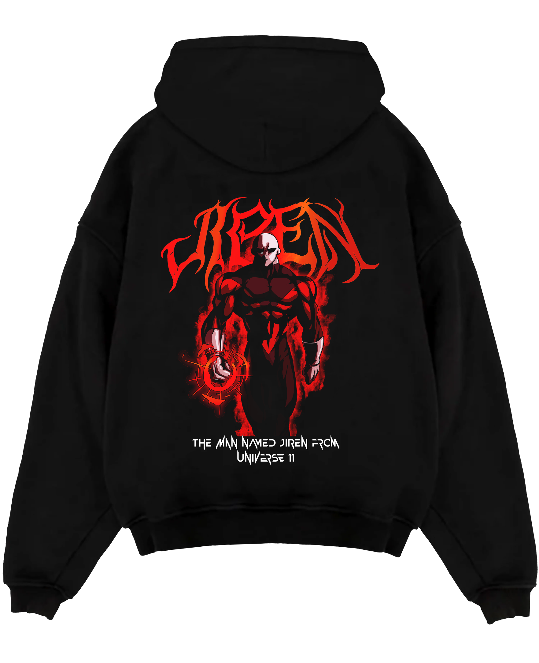Black pullover hoodie laid flat on a white background, featuring Dragon Ball Super Jiren anime poster inspired design with fiery aura and retro manga artwork.