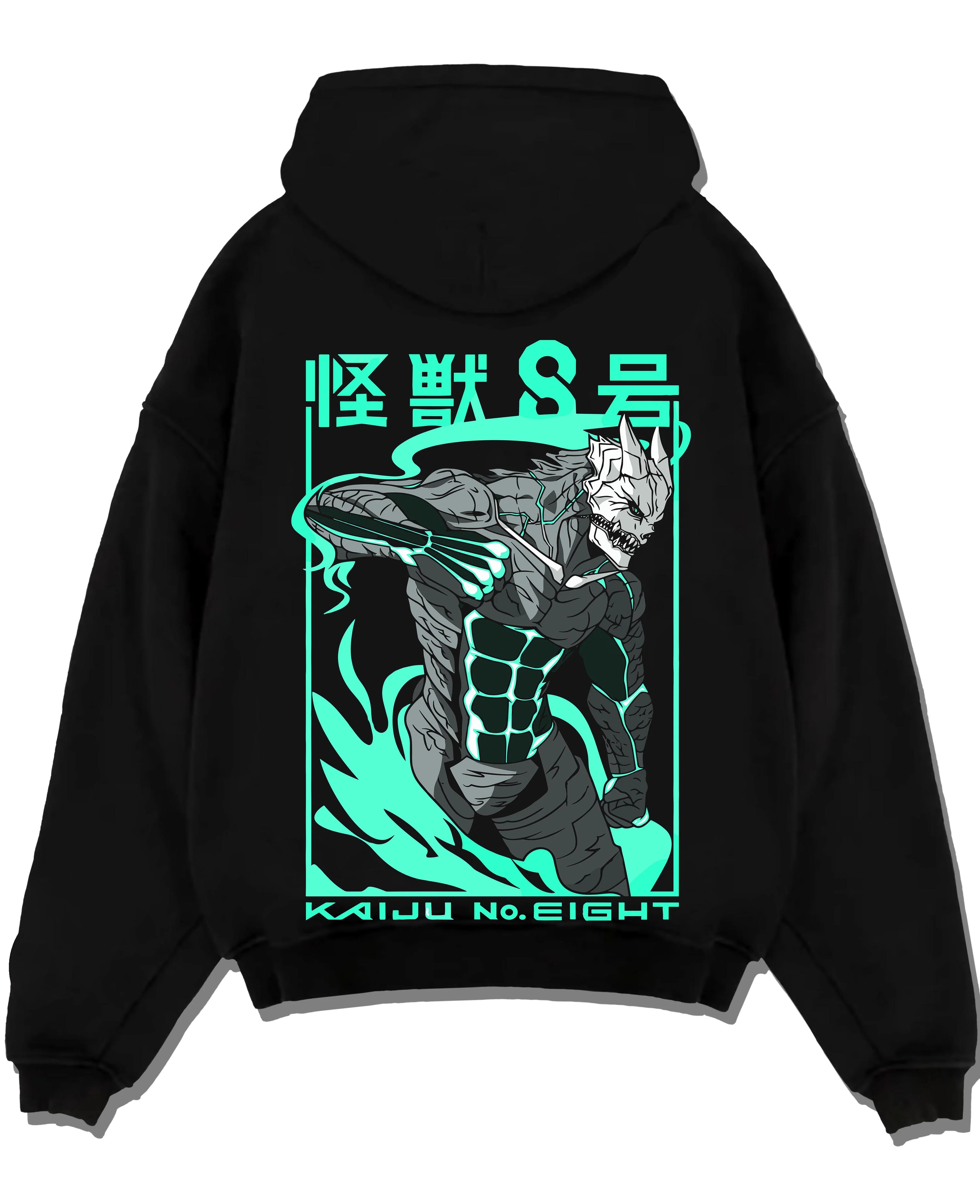 Black pullover hoodie laid flat with Kaiju No. 8 Hoodie Anime Kaiju Monster Fight Design graphic streetwear graphic.
