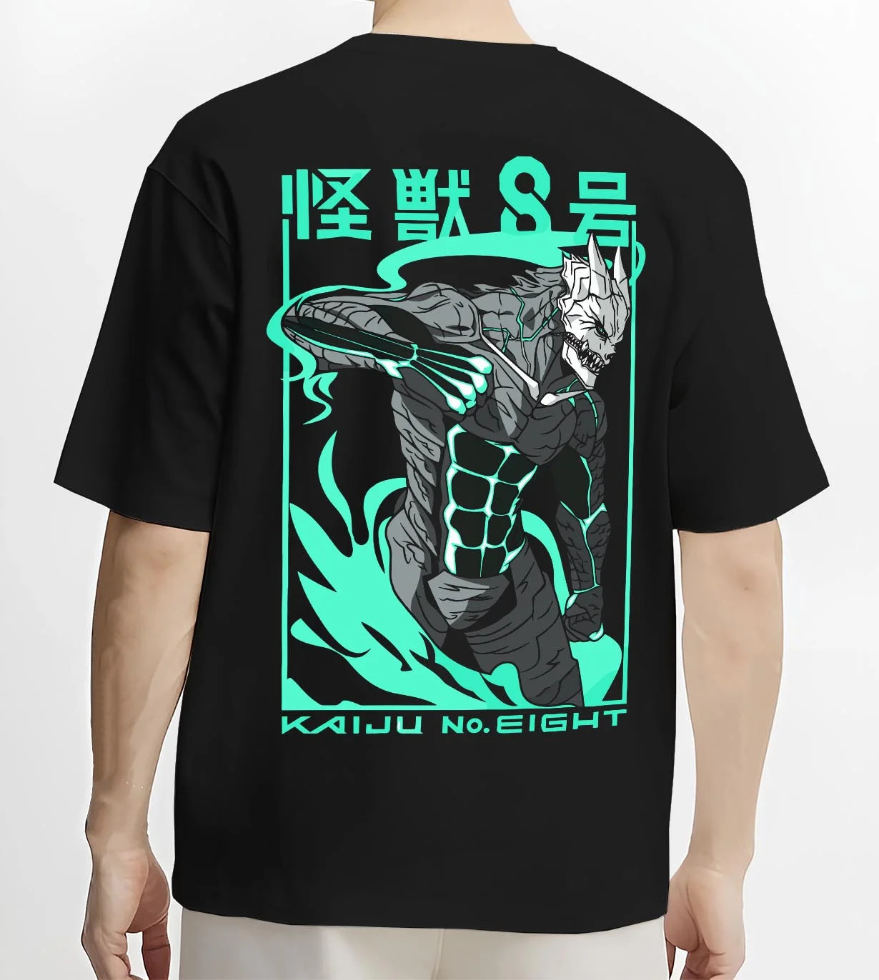 Black T-shirt worn by male model, back view with Kaiju No. 8 Hoodie Anime Kaiju Monster Fight Design graphic premium wear.
