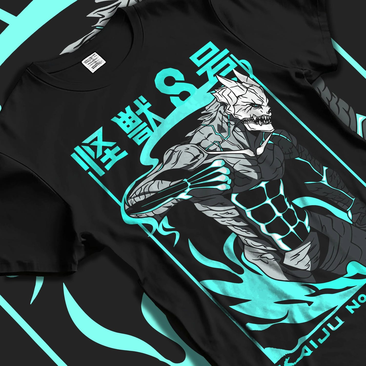 Black T-shirt laid flat with natural folds with Kaiju No. 8 Hoodie Anime Kaiju Monster Fight Design graphic bold anime graphic.