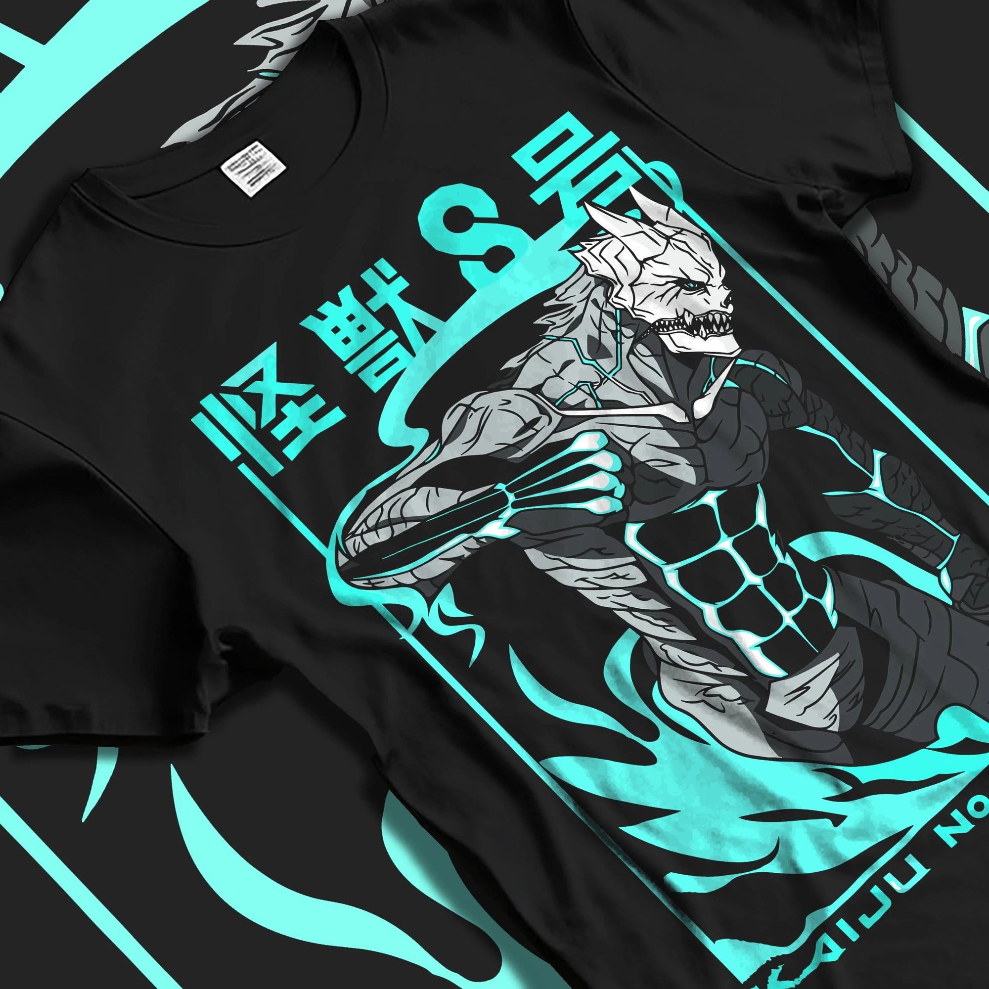 Black T-shirt laid flat with natural folds with Kaiju No. 8 Hoodie Anime Kaiju Monster Fight Design graphic bold anime graphic.