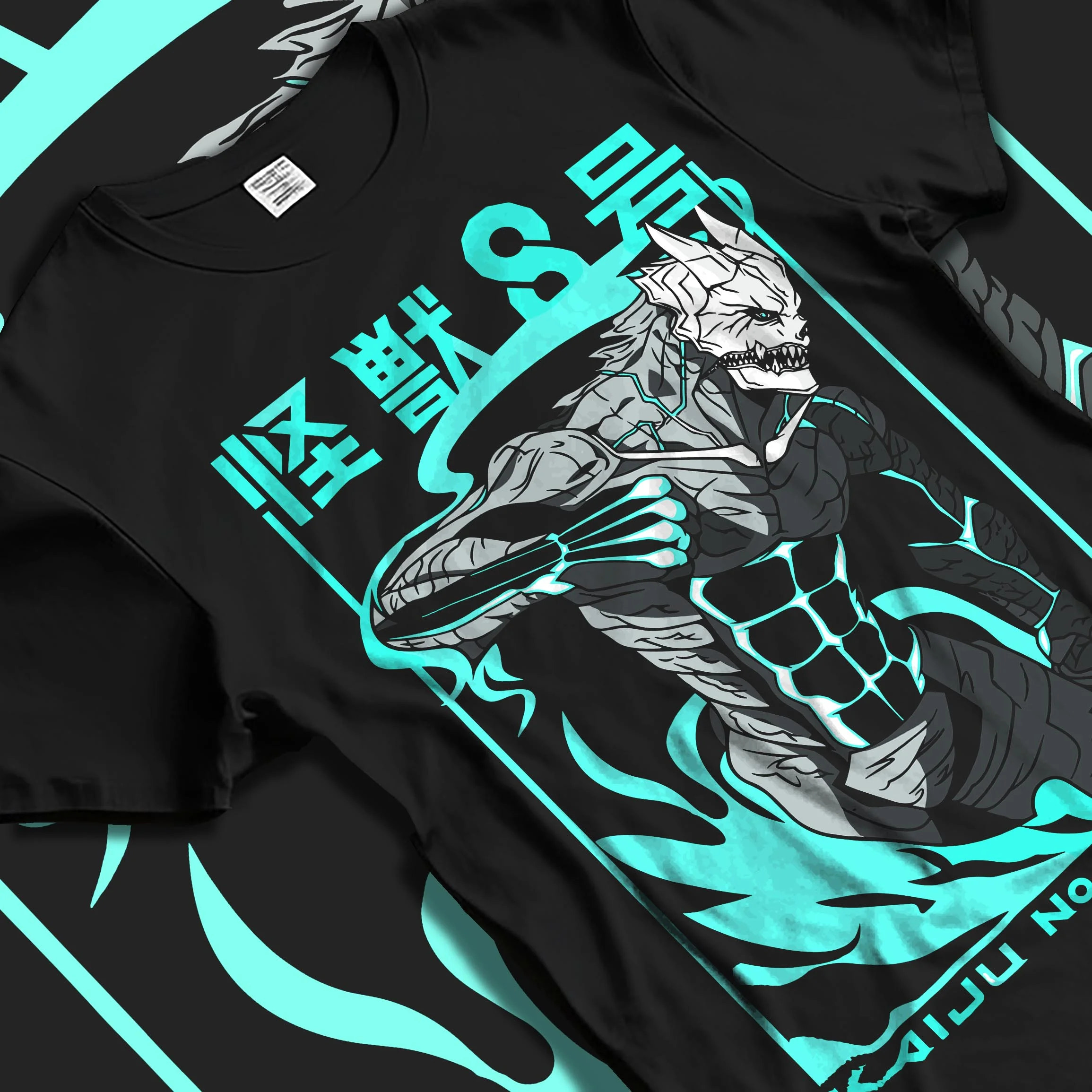 Black T-shirt laid flat with natural folds with Kaiju No. 8 Hoodie Anime Kaiju Monster Fight Design graphic bold anime graphic.