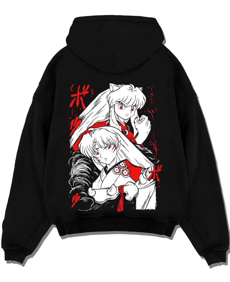 Black pullover hoodie laid flat with Inuyasha Hoodie Anime Classic Kagome Love Story graphic bold anime graphic.