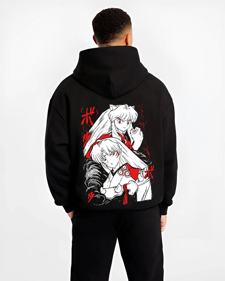 Black hoodie worn by male model, back view with Inuyasha Hoodie Anime Classic Kagome Love Story graphic premium wear.