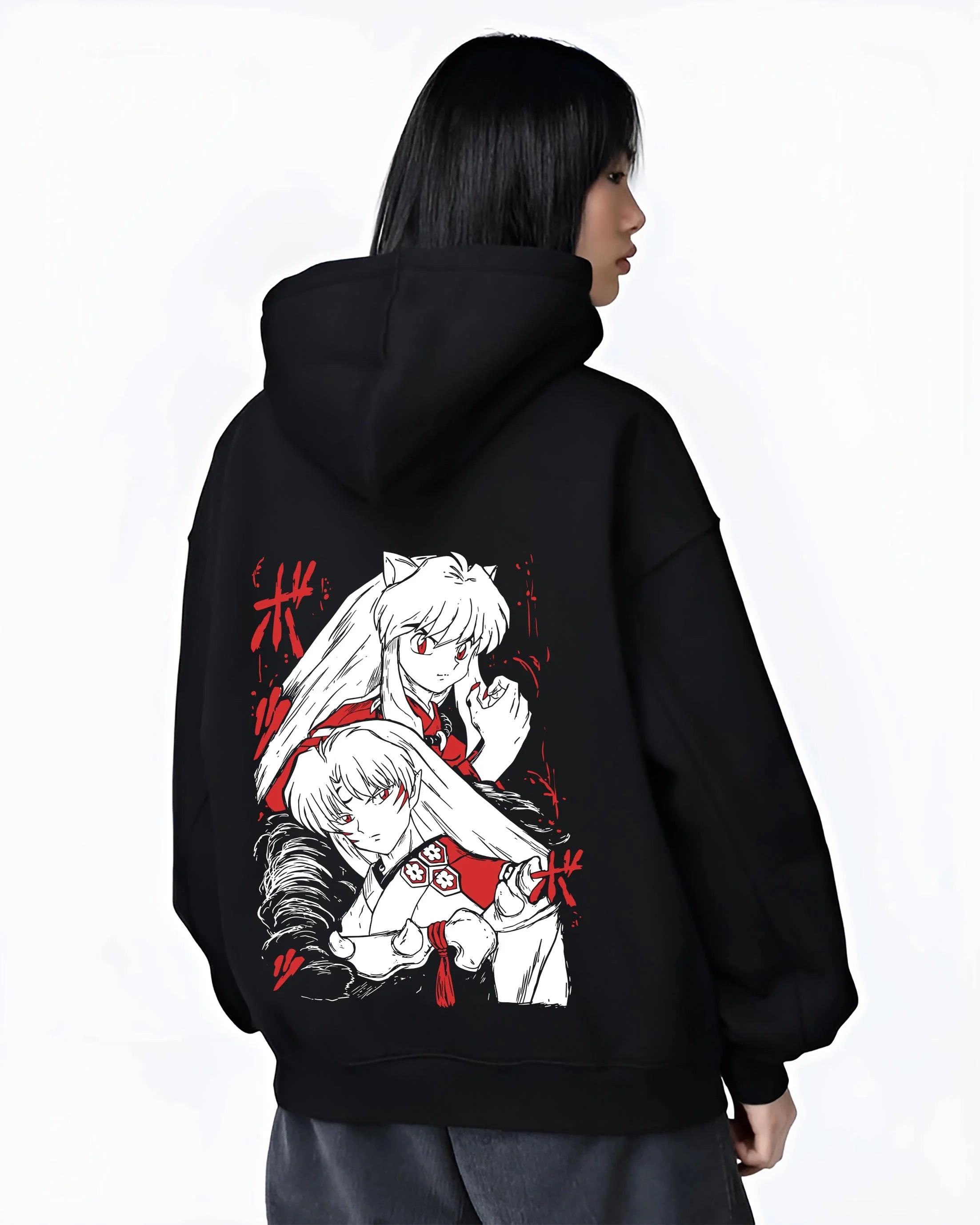 Black hoodie worn by female model, back view with Inuyasha Hoodie Anime Classic Kagome Love Story graphic bold anime graphic.