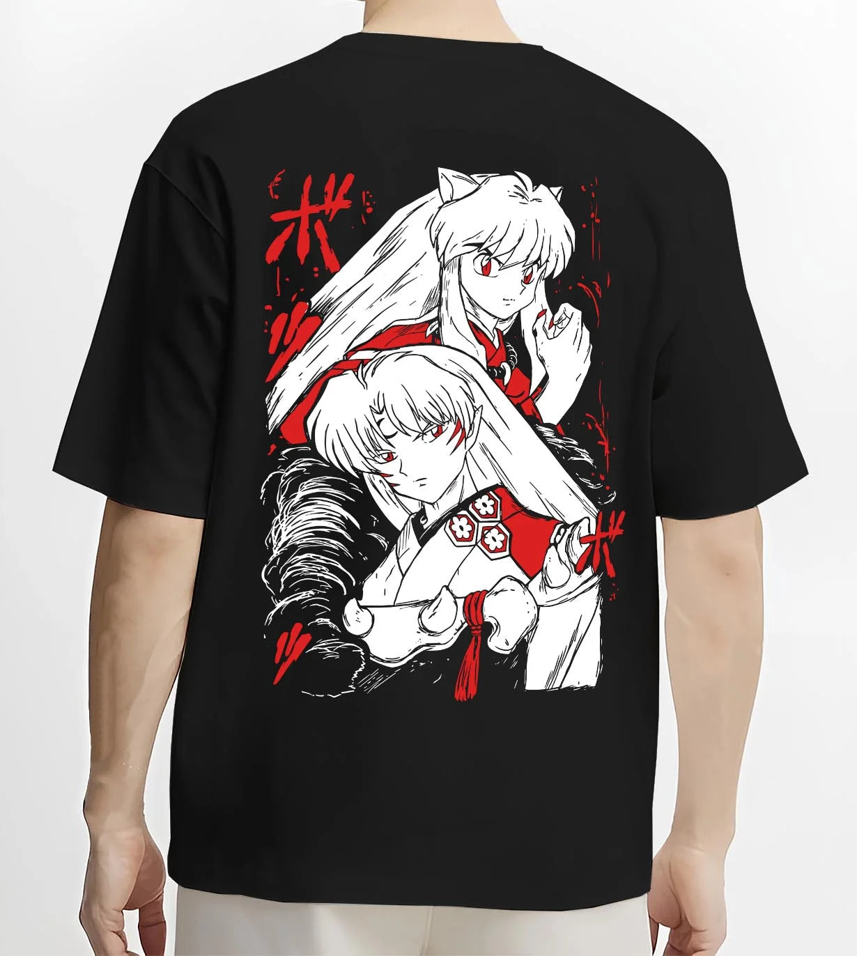 Black T-shirt worn by male model, back view with Inuyasha Hoodie Anime Classic Kagome Love Story graphic streetwear graphic.