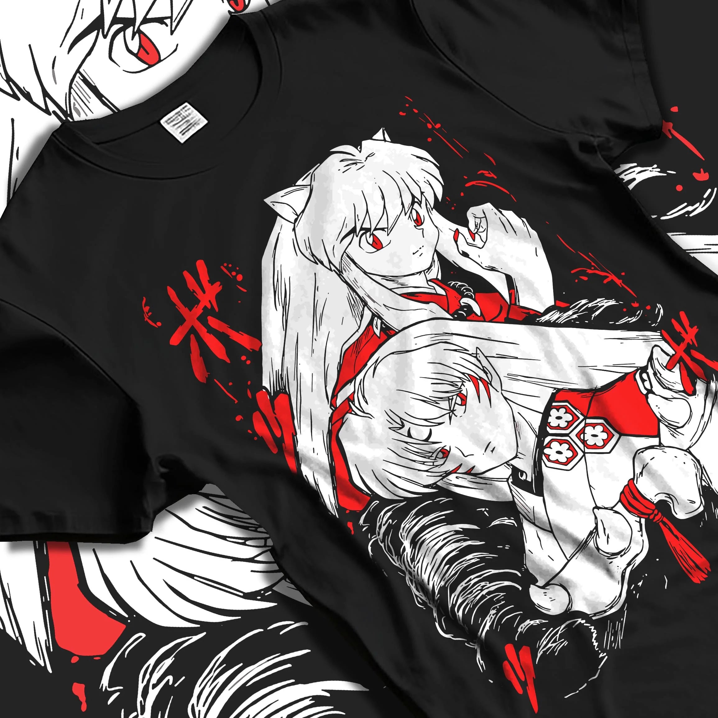 Black T-shirt laid flat with natural folds with Inuyasha Hoodie Anime Classic Kagome Love Story graphic streetwear graphic.