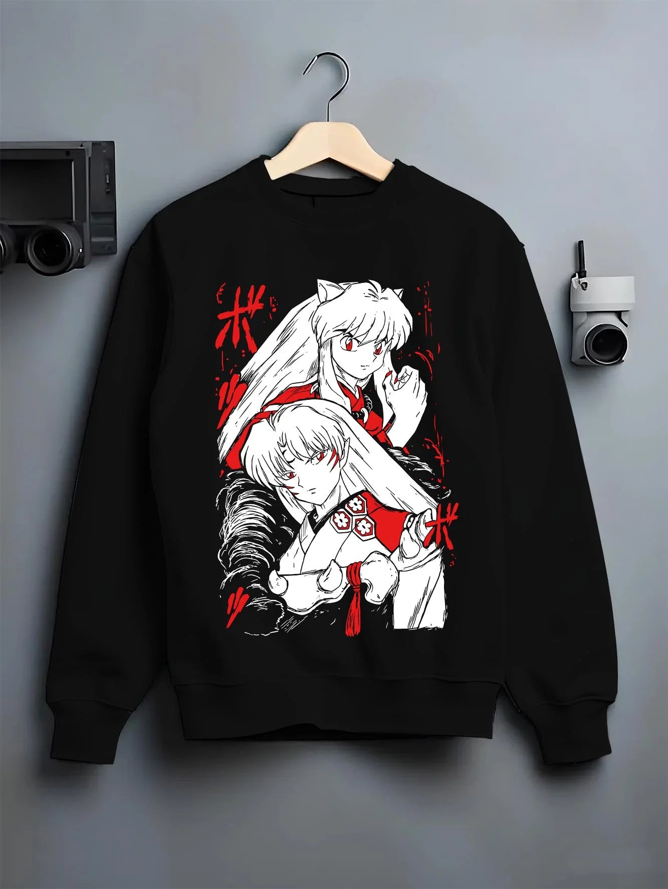 Black crewneck sweatshirt on hanger with Inuyasha Hoodie Anime Classic Kagome Love Story graphic premium wear.