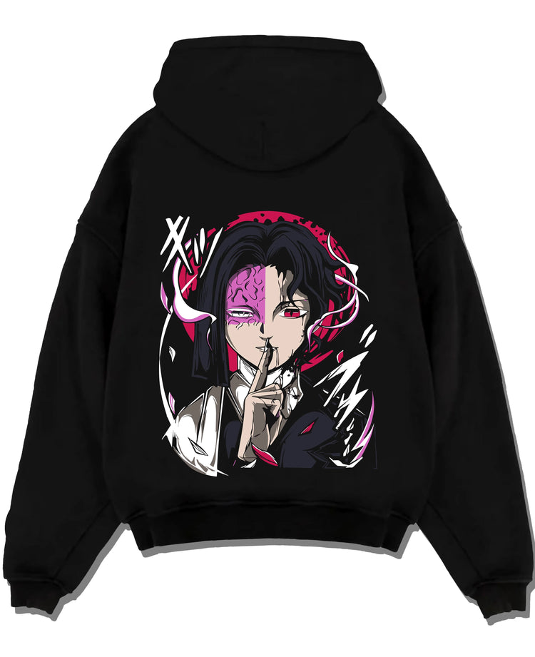 Black pullover hoodie laid flat with Kagetane Hoodie Plunderer Masked Villain Anime Dark Design graphic bold anime graphic.