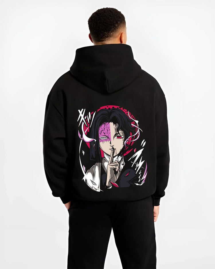 Black hoodie worn by male model, back view with Kagetane Hoodie Plunderer Masked Villain Anime Dark Design graphic premium wear.