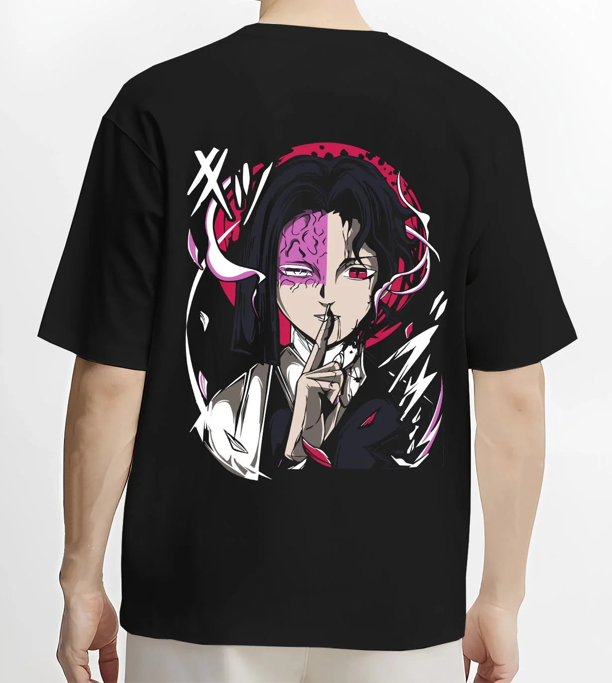 Black T-shirt worn by male model, back view with Kagetane Hoodie Plunderer Masked Villain Anime Dark Design graphic streetwear graphic.