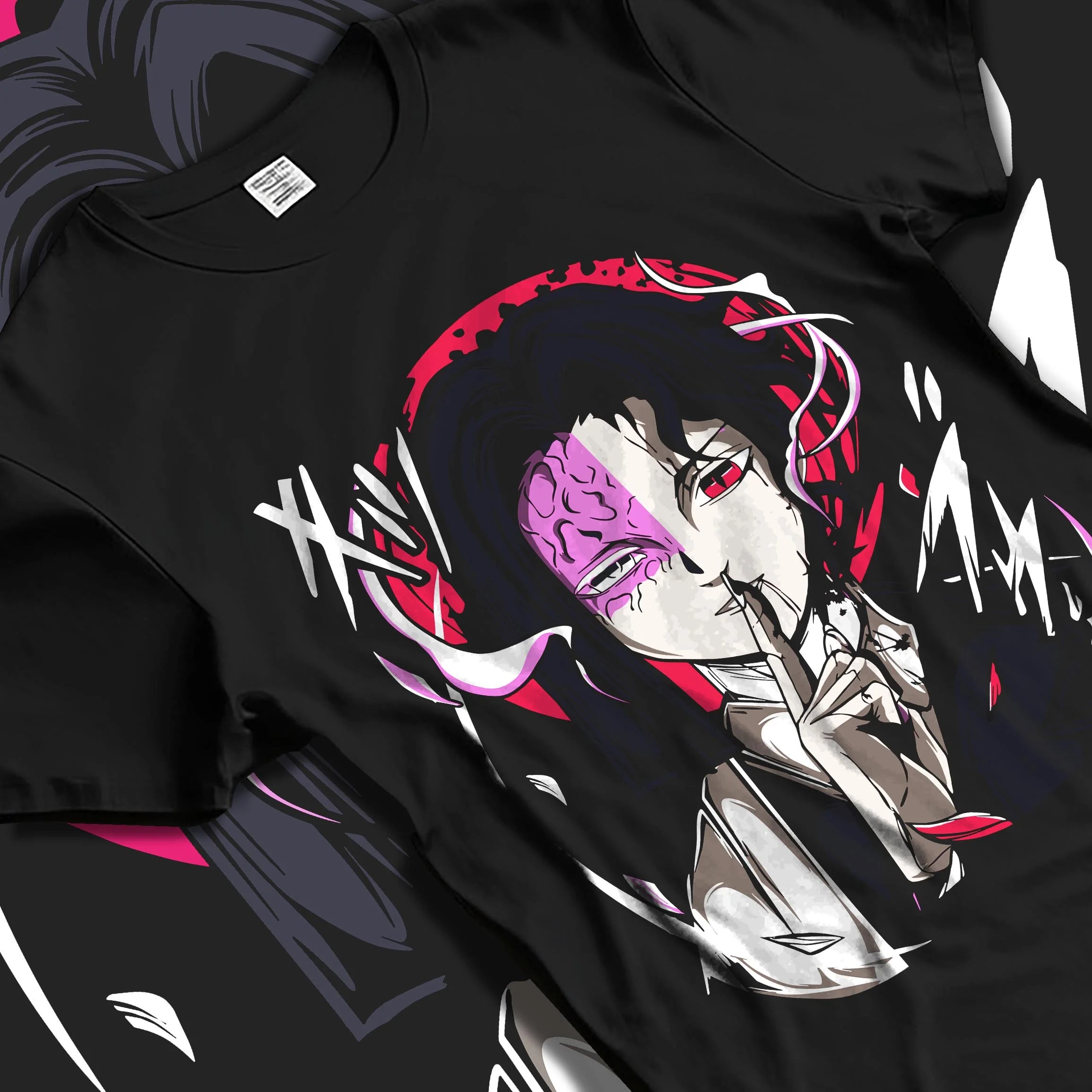Black T-shirt laid flat with natural folds with Kagetane Hoodie Plunderer Masked Villain Anime Dark Design graphic streetwear graphic.