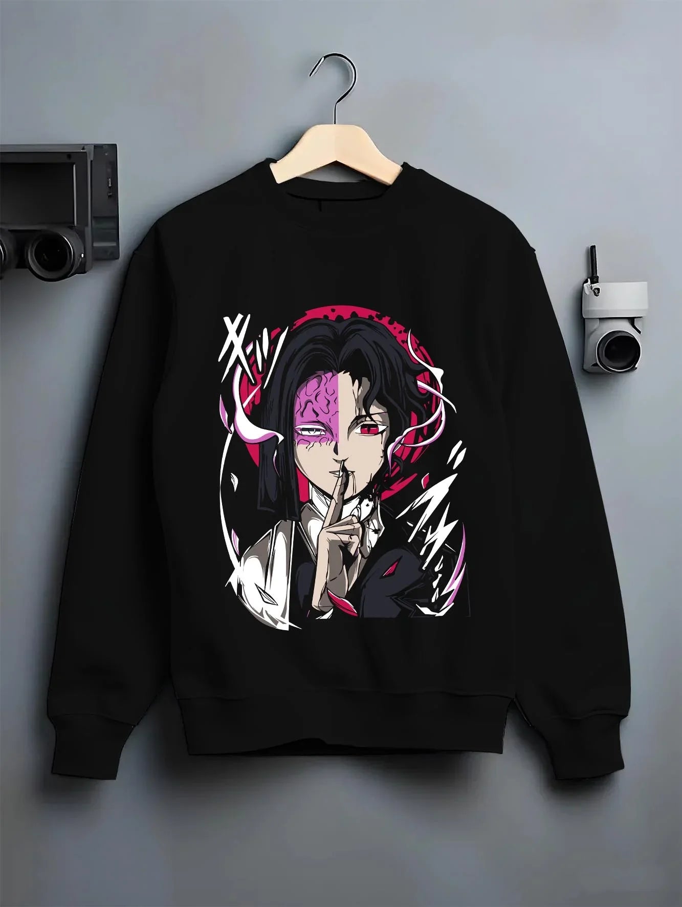 Black crewneck sweatshirt on hanger with Kagetane Hoodie Plunderer Masked Villain Anime Dark Design graphic premium wear.