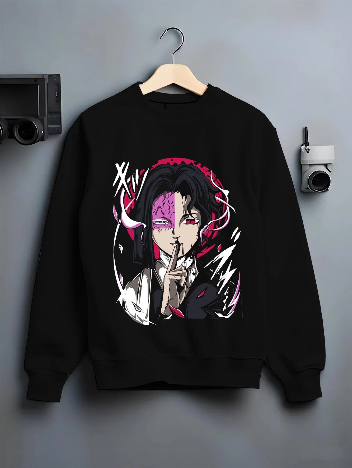 Black crewneck sweatshirt on hanger with Kagetane Hoodie Plunderer Masked Villain Anime Dark Design graphic premium wear.