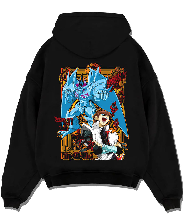 Black hoodie laid flat featuring Seto Kaiba Blue-Eyes White Dragon artwork.