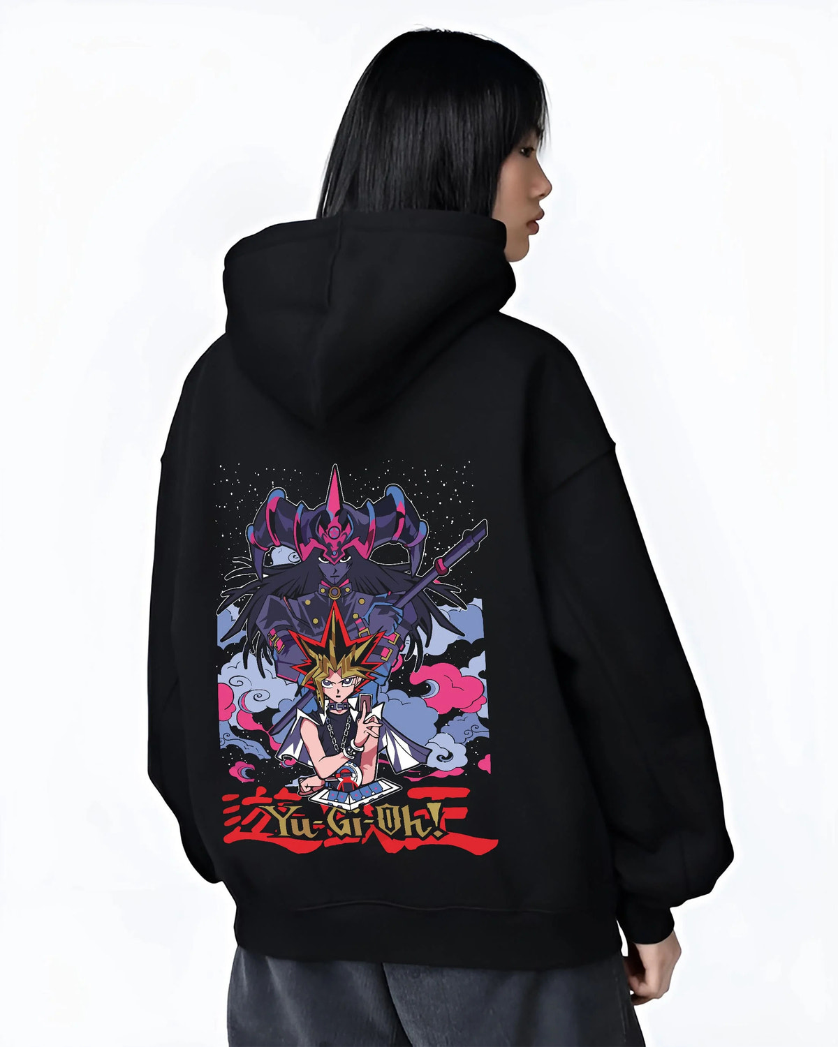 Black hoodie worn by female model from the back featuring Seto Kaiba Ultimate Dragon duel monster artwork.