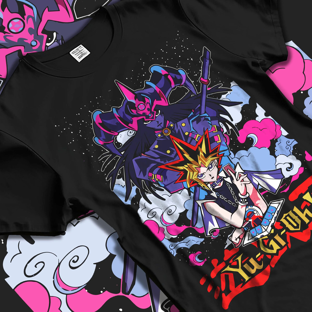 Black T-shirt laid flat with natural folds featuring Seto Kaiba Ultimate Dragon duel monster artwork.