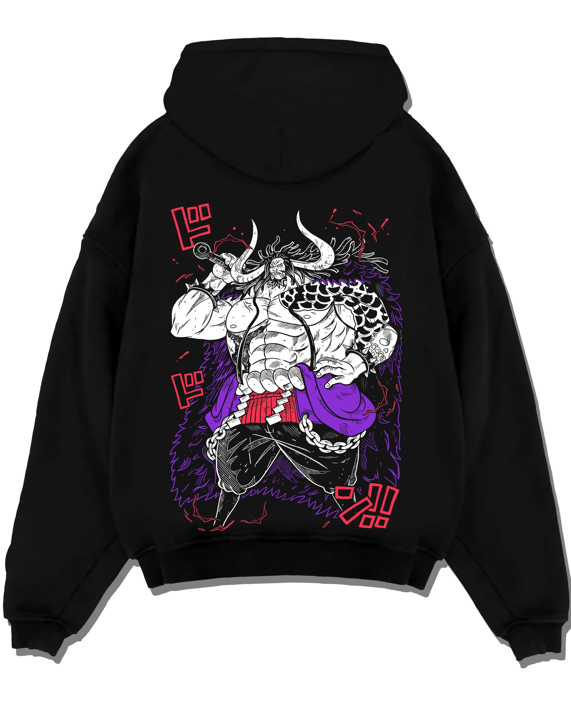 Black pullover hoodie laid flat with Kaido Hoodie One Piece Dragon Pirate Beast King graphic Kaido anime design.