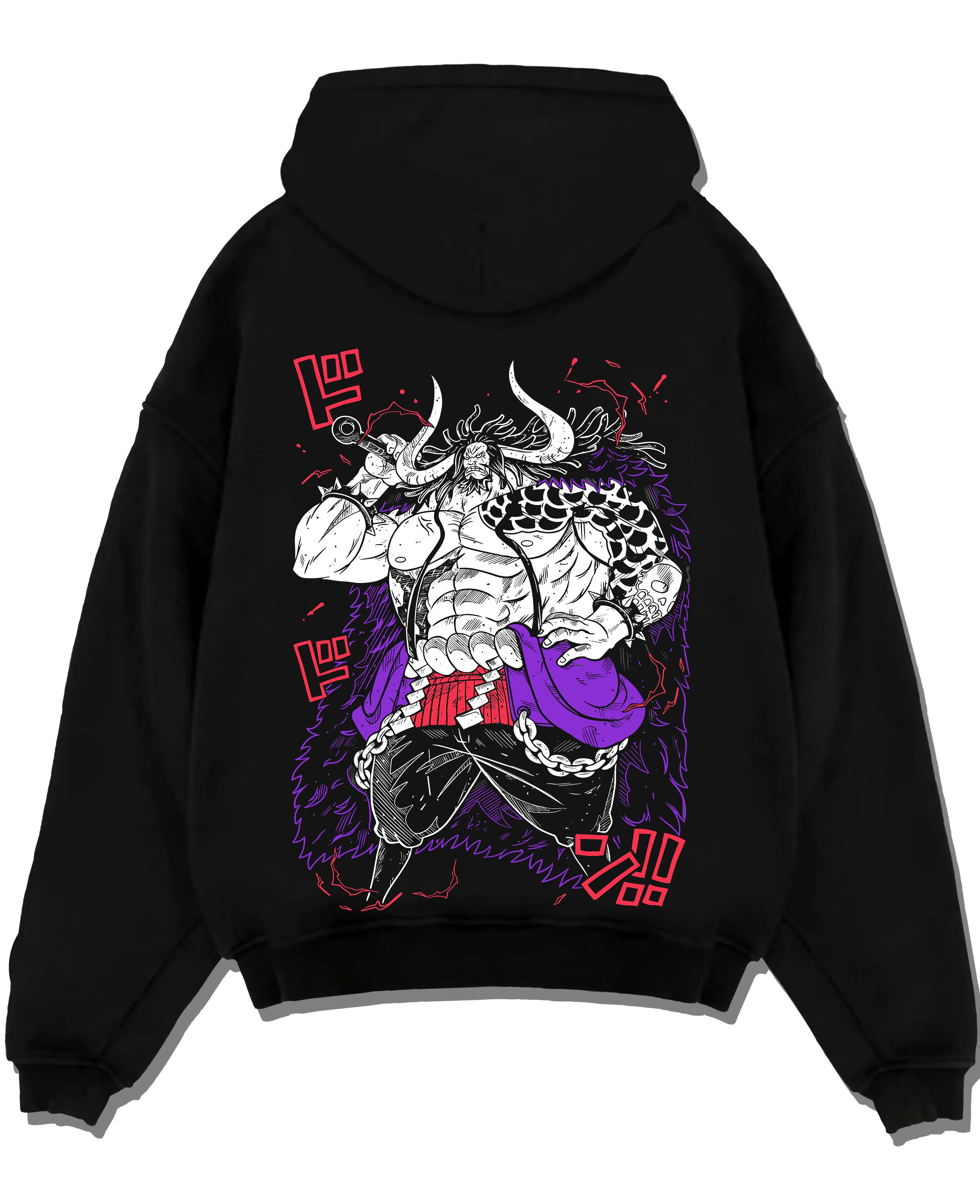 Black pullover hoodie laid flat with Kaido Hoodie One Piece Dragon Pirate Beast King graphic Kaido anime design.