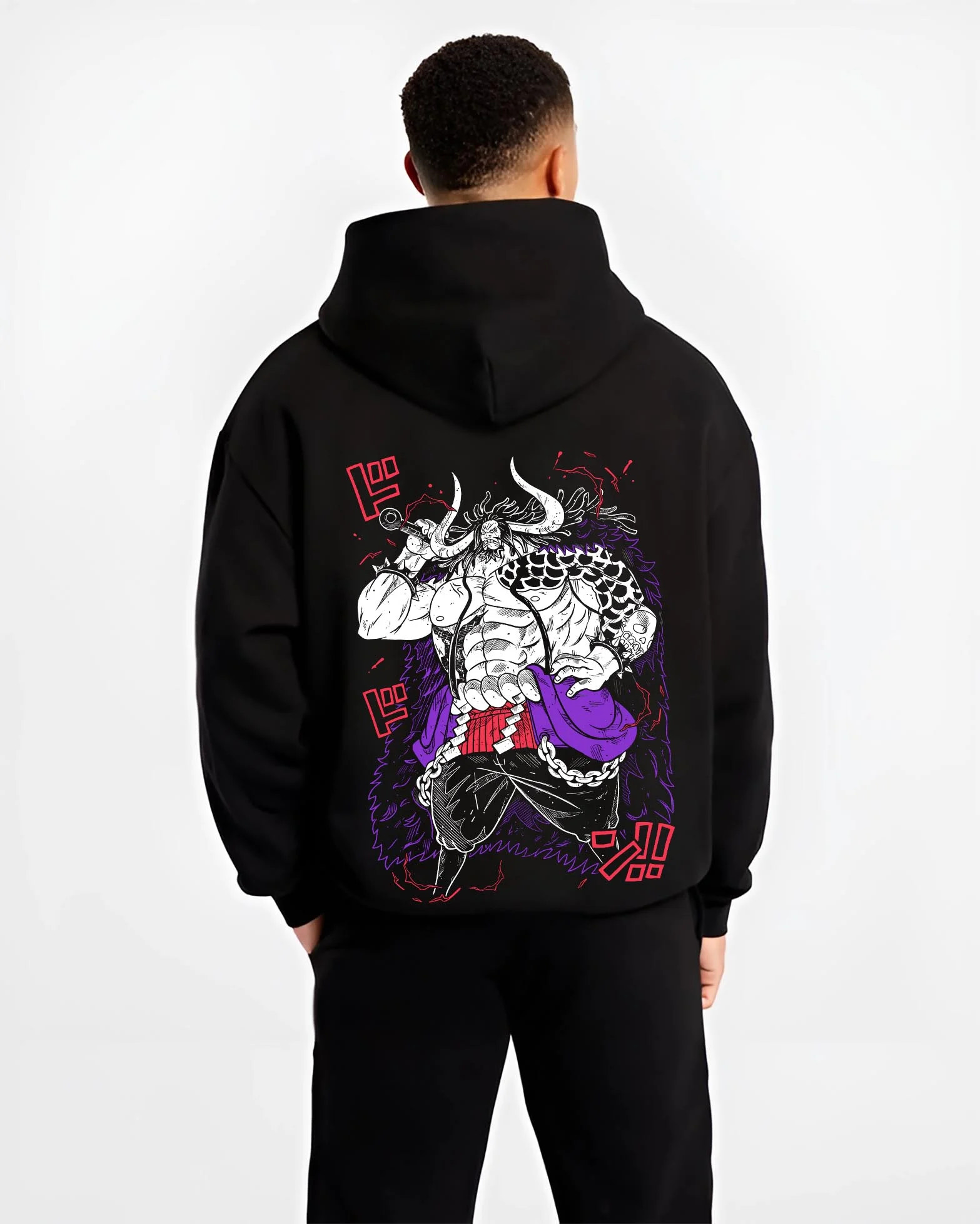 Black hoodie worn by male model, back view with Kaido Hoodie One Piece Dragon Pirate Beast King graphic bold anime graphic.
