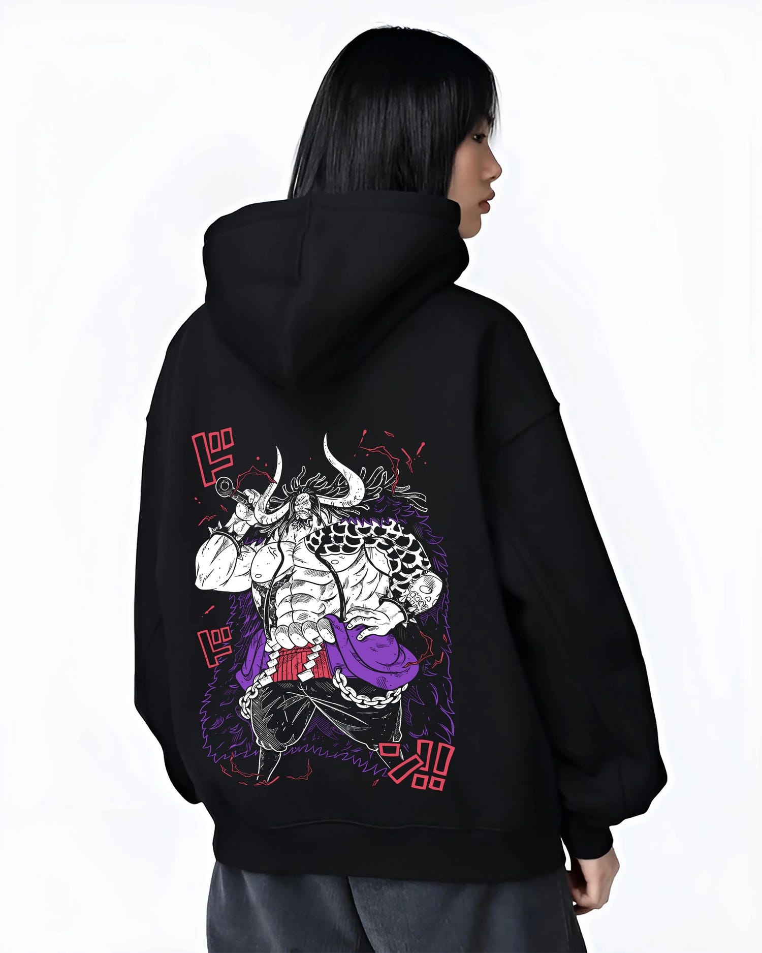 Black hoodie worn by female model, back view with Kaido Hoodie One Piece Dragon Pirate Beast King graphic Kaido anime design.