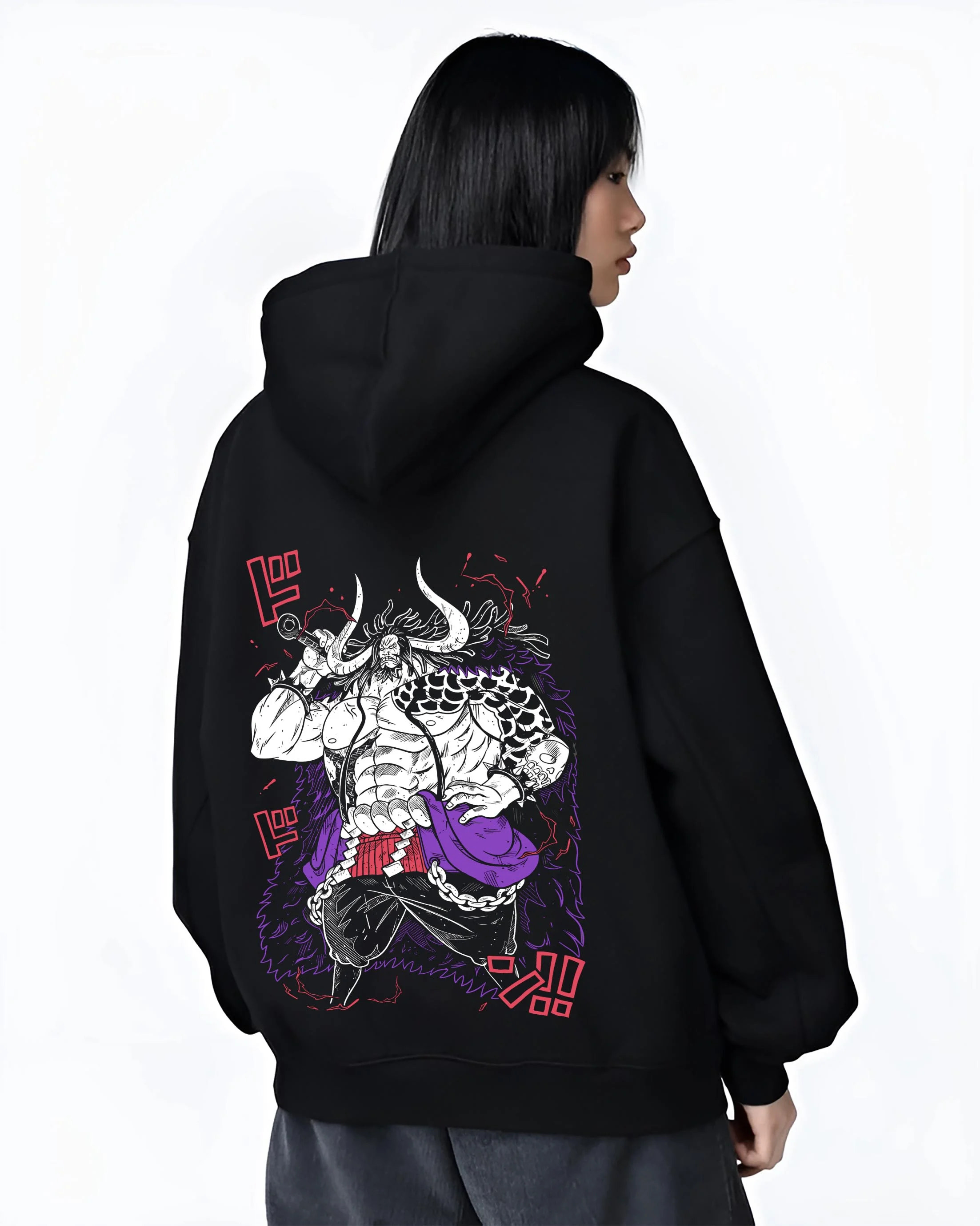 Black hoodie worn by female model, back view with Kaido Hoodie One Piece Dragon Pirate Beast King graphic Kaido anime design.