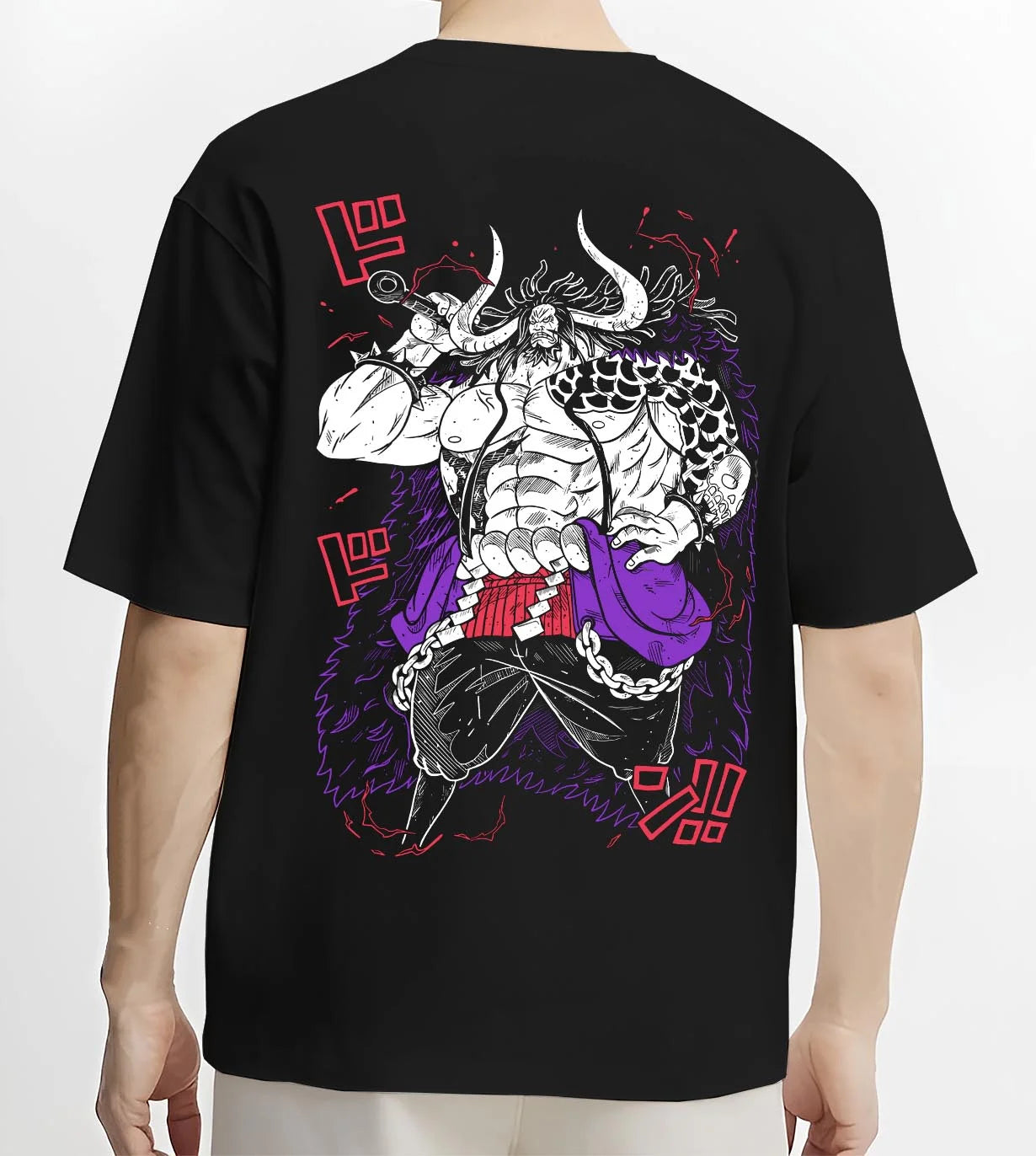Black T-shirt worn by male model, back view with Kaido Hoodie One Piece Dragon Pirate Beast King graphic Kaido anime design.