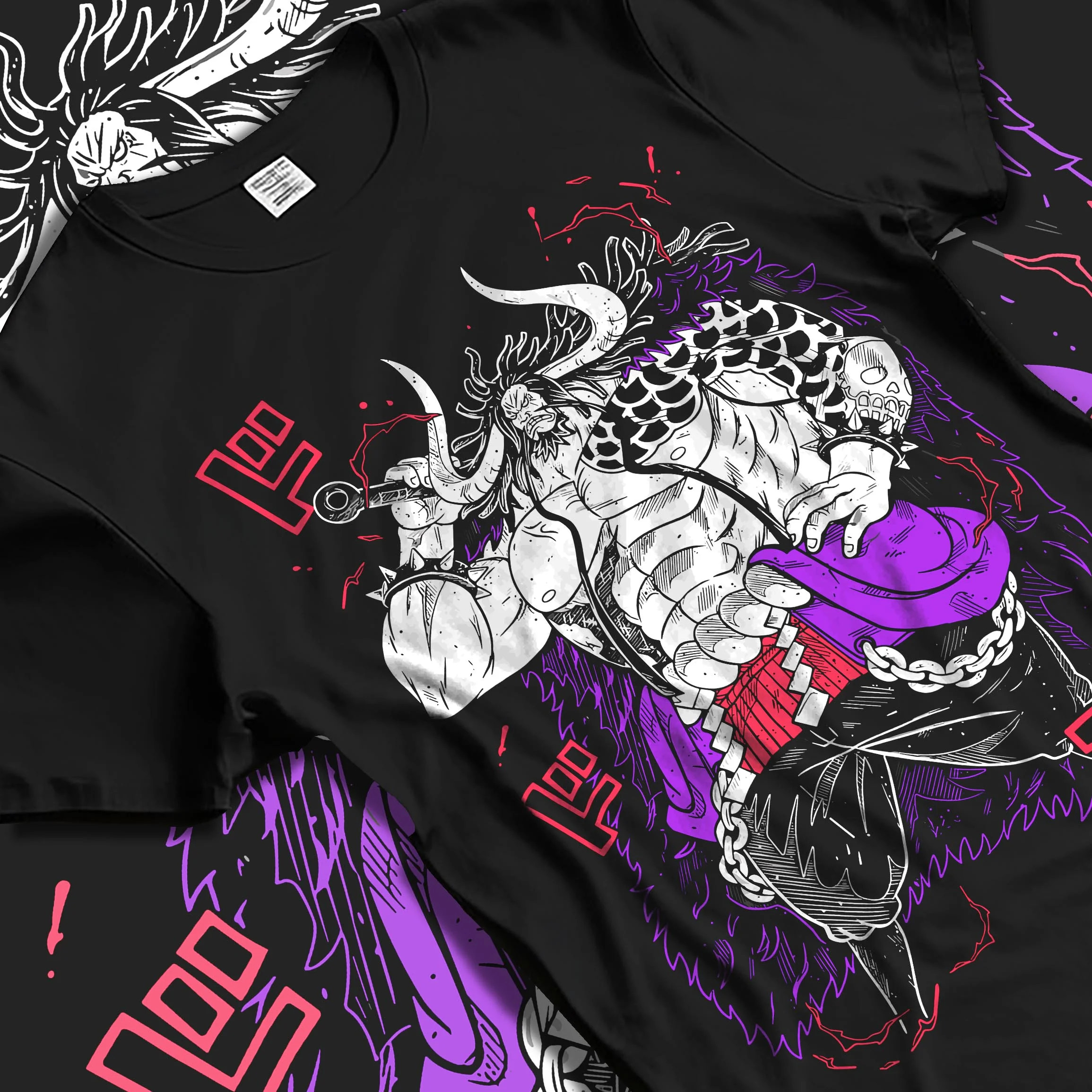 Black T-shirt laid flat with natural folds with Kaido Hoodie One Piece Dragon Pirate Beast King graphic Kaido anime design.