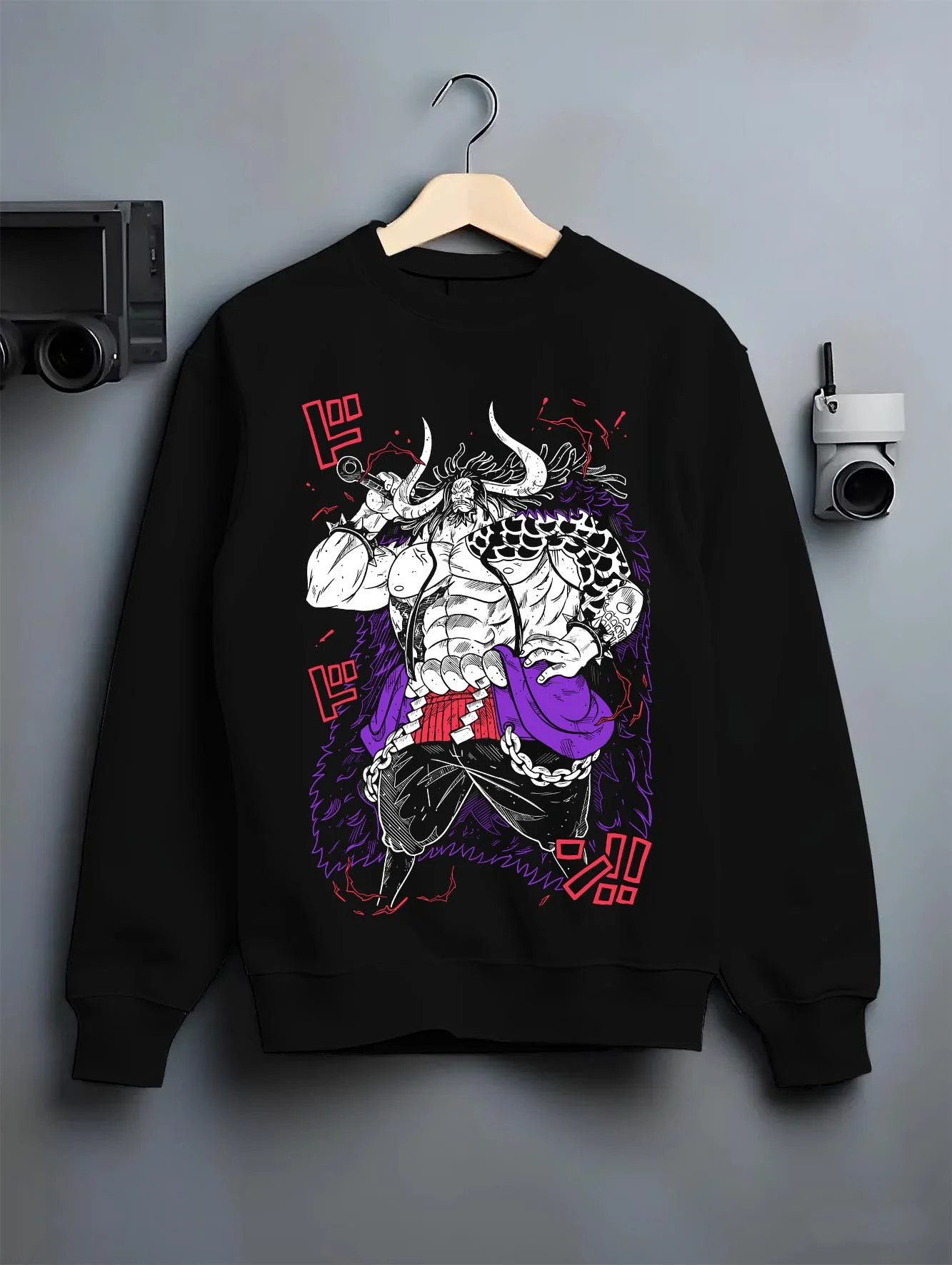 Black crewneck sweatshirt on hanger with Kaido Hoodie One Piece Dragon Pirate Beast King graphic Kaido anime design.