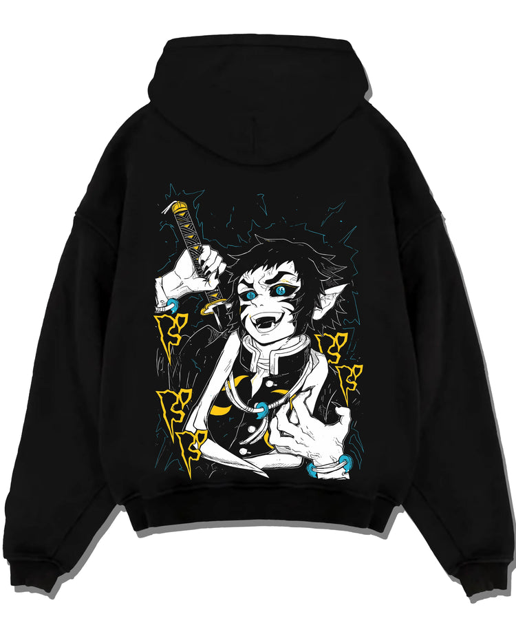 Black pullover hoodie laid flat with Kaigaku Hoodie Demon Slayer Upper Moon Swordsman graphic streetwear graphic.