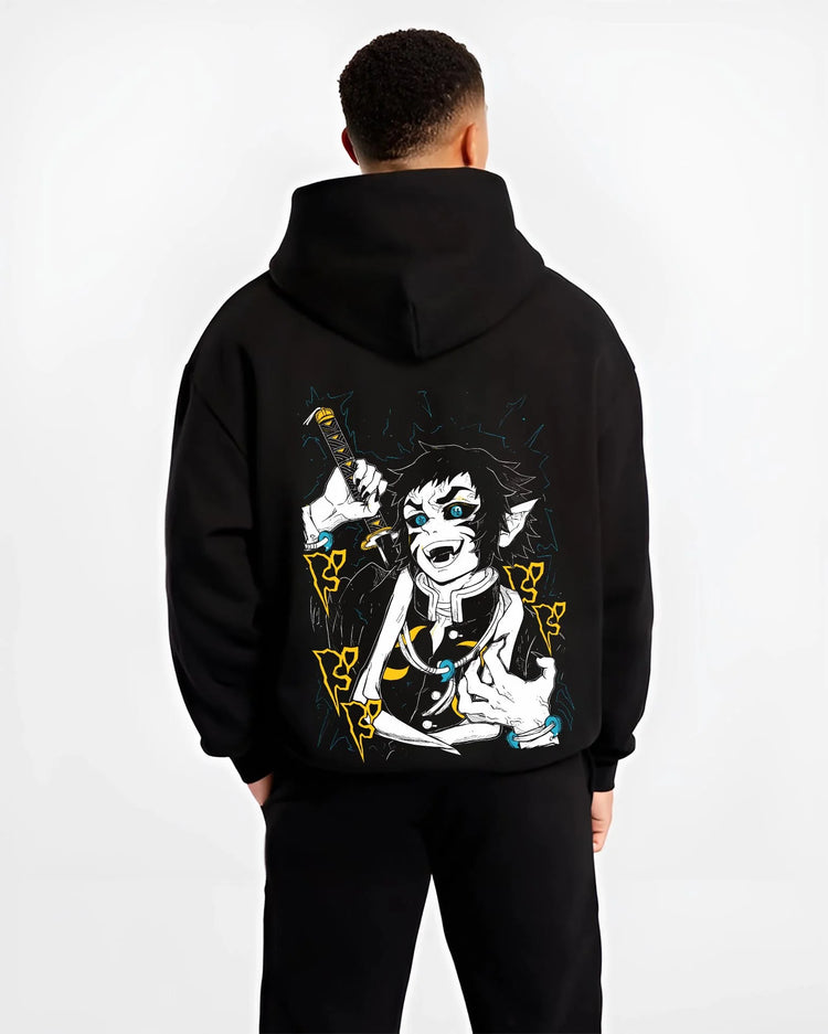 Black hoodie worn by male model, back view with Kaigaku Hoodie Demon Slayer Upper Moon Swordsman graphic streetwear graphic.
