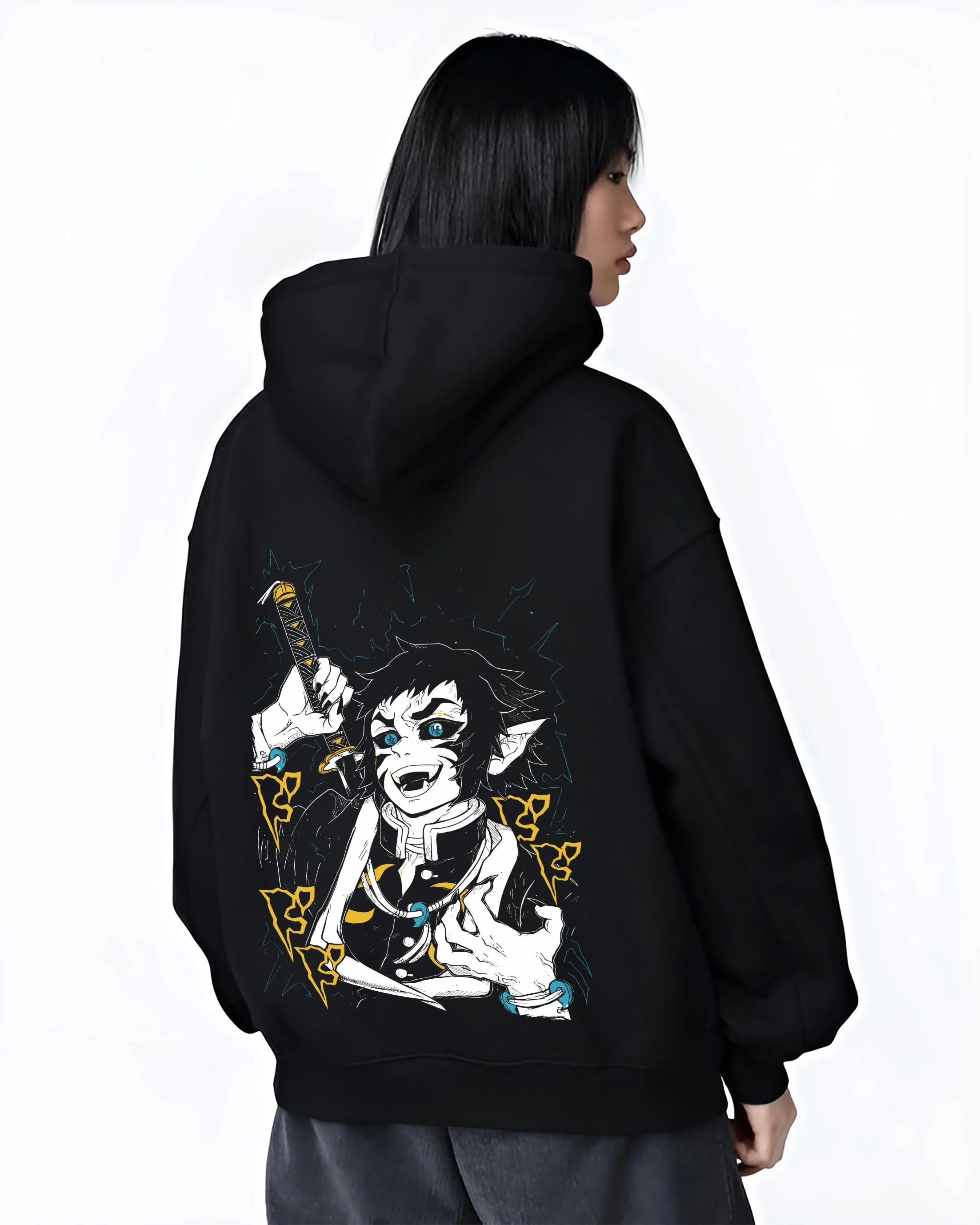 Black hoodie worn by female model, back view with Kaigaku Hoodie Demon Slayer Upper Moon Swordsman graphic bold anime graphic.