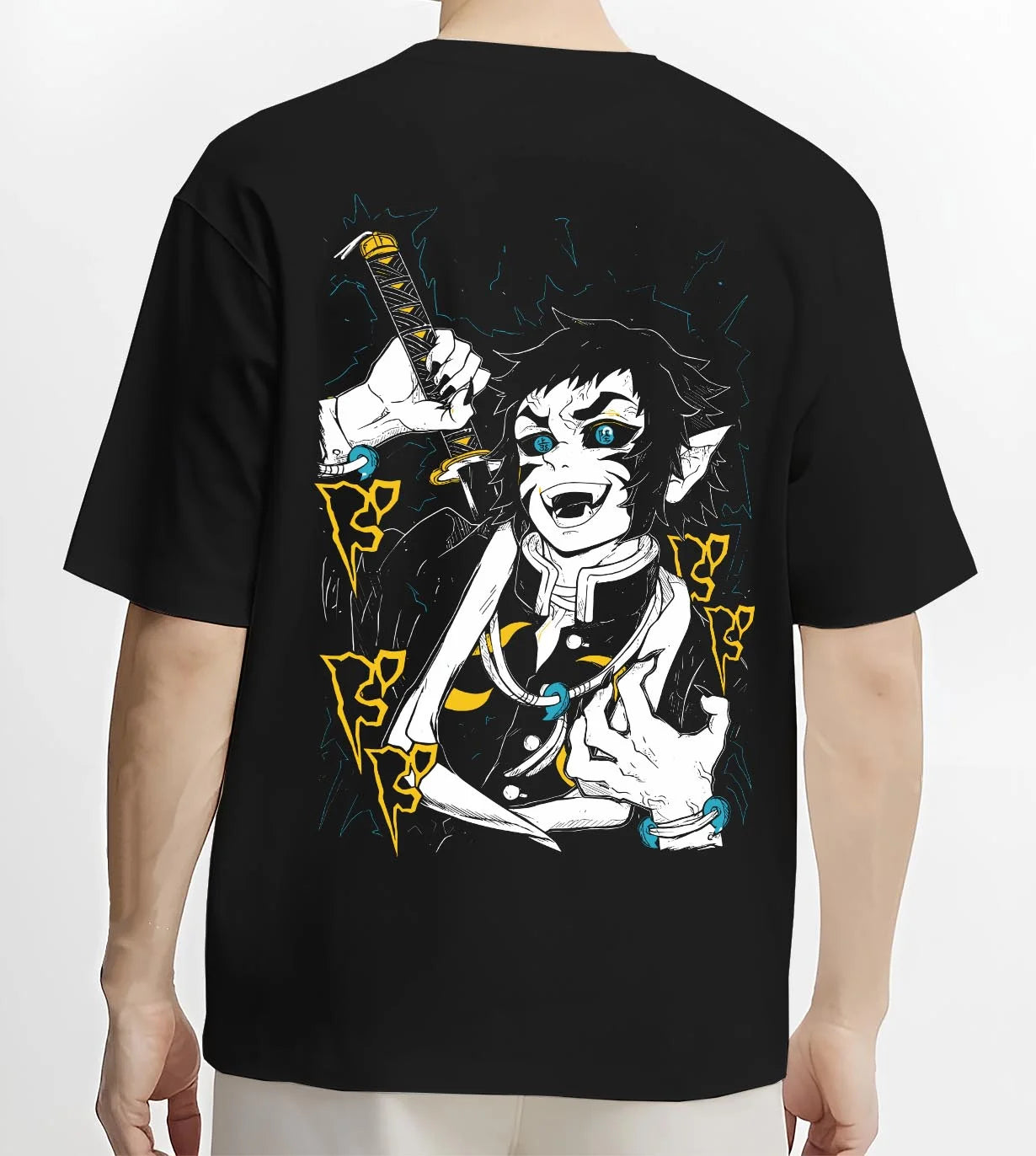 Black T-shirt worn by male model, back view with Kaigaku Hoodie Demon Slayer Upper Moon Swordsman graphic streetwear graphic.