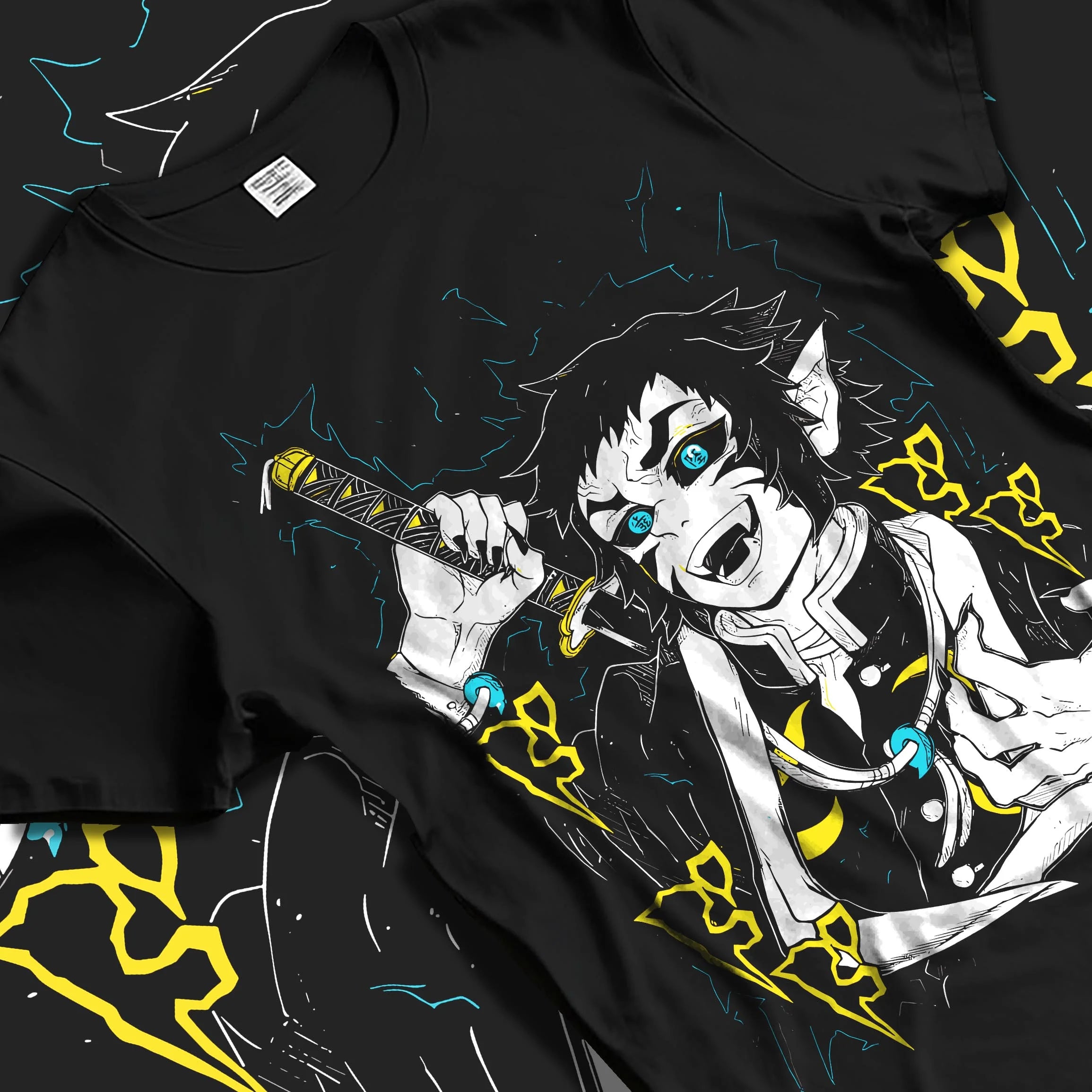 Black T-shirt laid flat with natural folds with Kaigaku Hoodie Demon Slayer Upper Moon Swordsman graphic streetwear graphic.