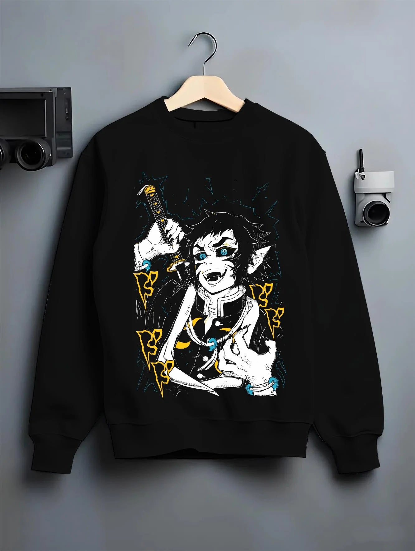 Black crewneck sweatshirt on hanger with Kaigaku Hoodie Demon Slayer Upper Moon Swordsman graphic bold anime graphic.