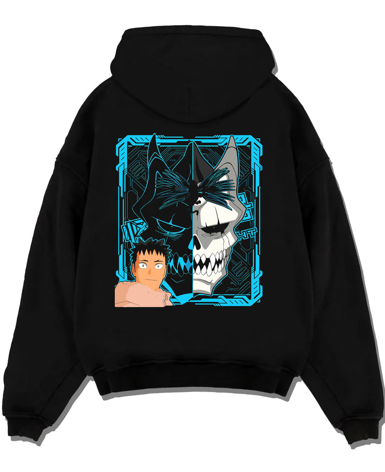 Black pullover hoodie laid flat with Kaiju Hoodie Kaiju No 8 Monster Transformation Panel graphic bold anime graphic.