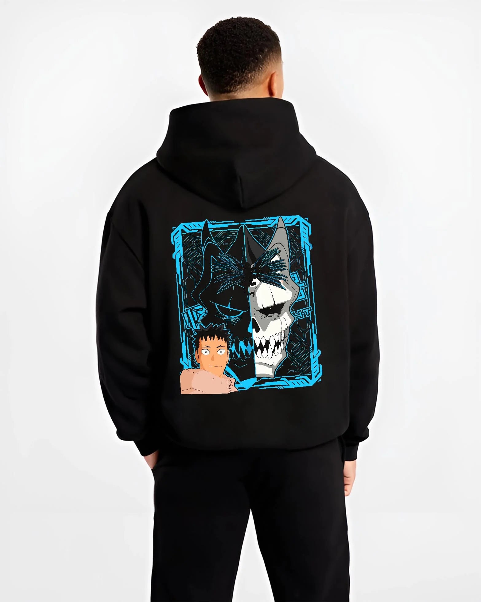 Black hoodie worn by male model, back view with Kaiju Hoodie Kaiju No 8 Monster Transformation Panel graphic streetwear graphic.