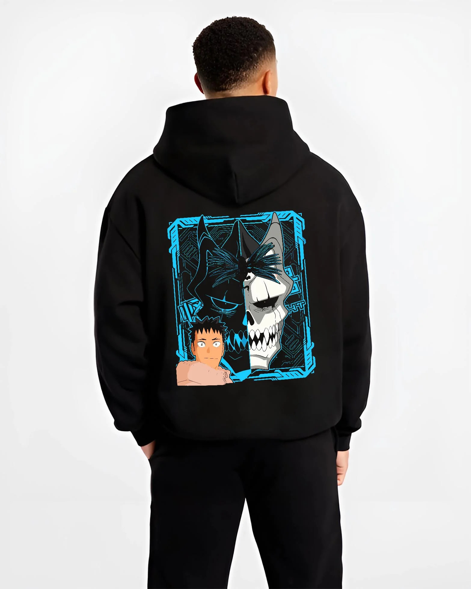 Black hoodie worn by male model, back view with Kaiju Hoodie Kaiju No 8 Monster Transformation Panel graphic streetwear graphic.